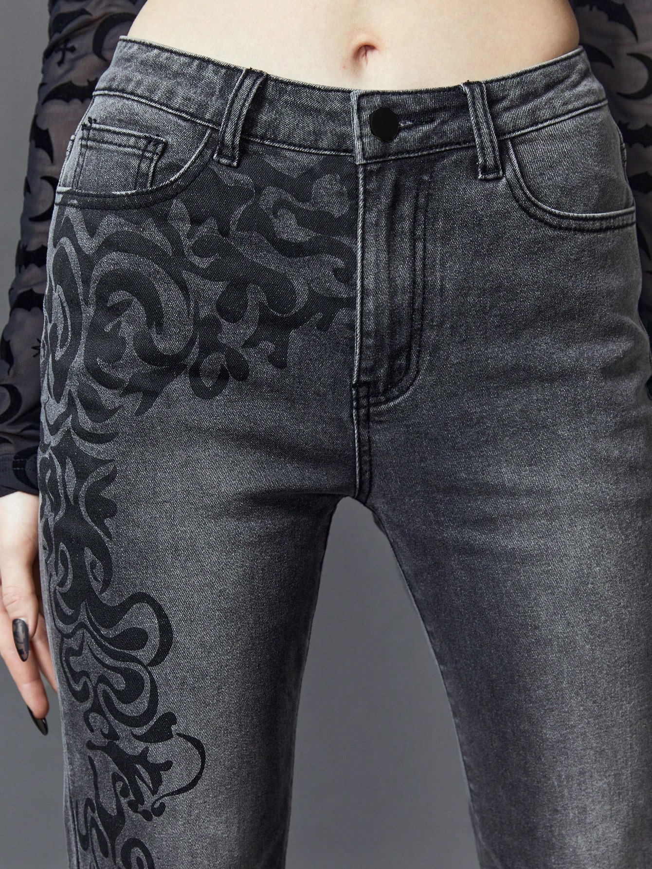 Goth Gothic Dark Vintage Pattern Print Skinny Sexy Stretchy Denim Flared Pants, School