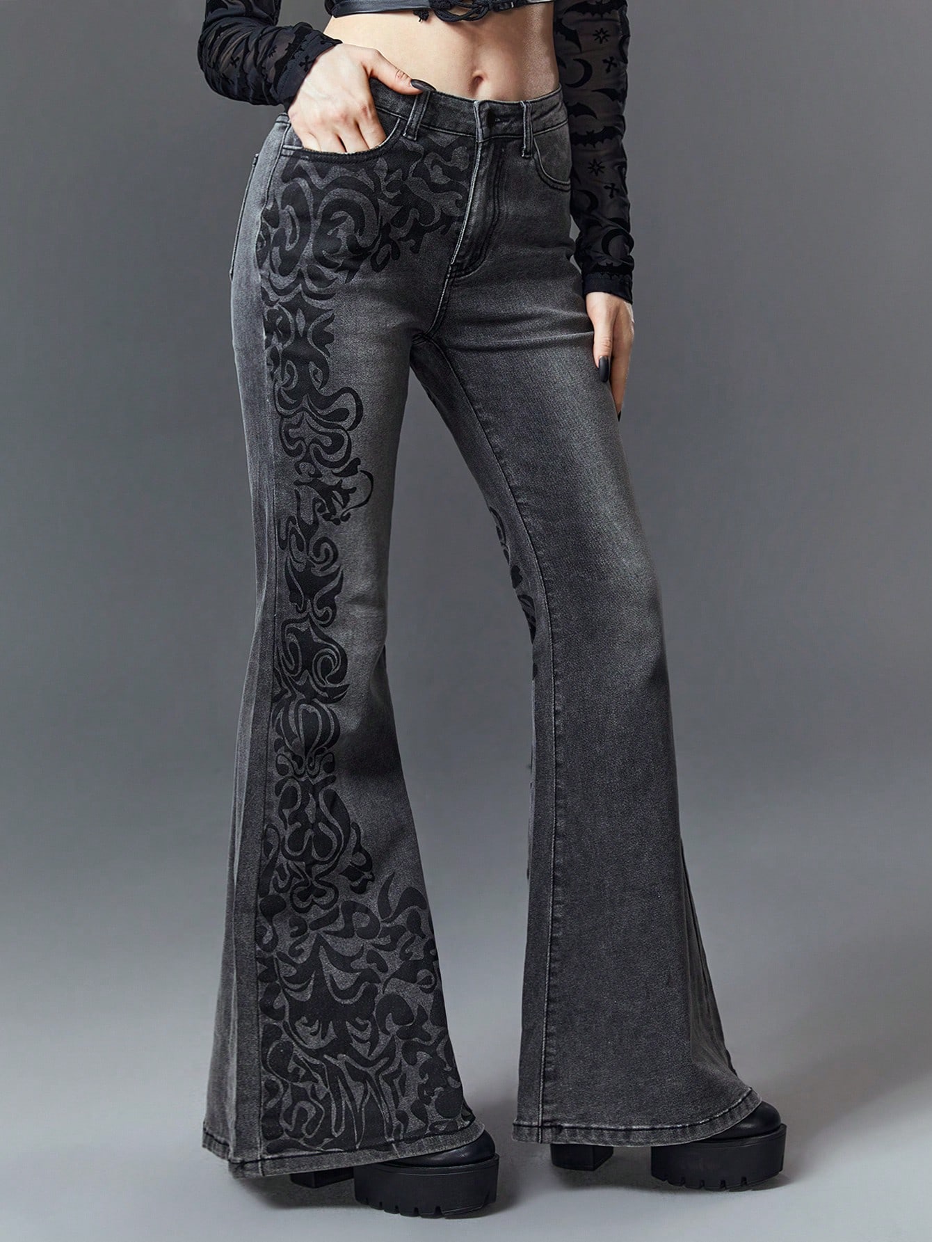 Goth Gothic Dark Vintage Pattern Print Skinny Sexy Stretchy Denim Flared Pants, School