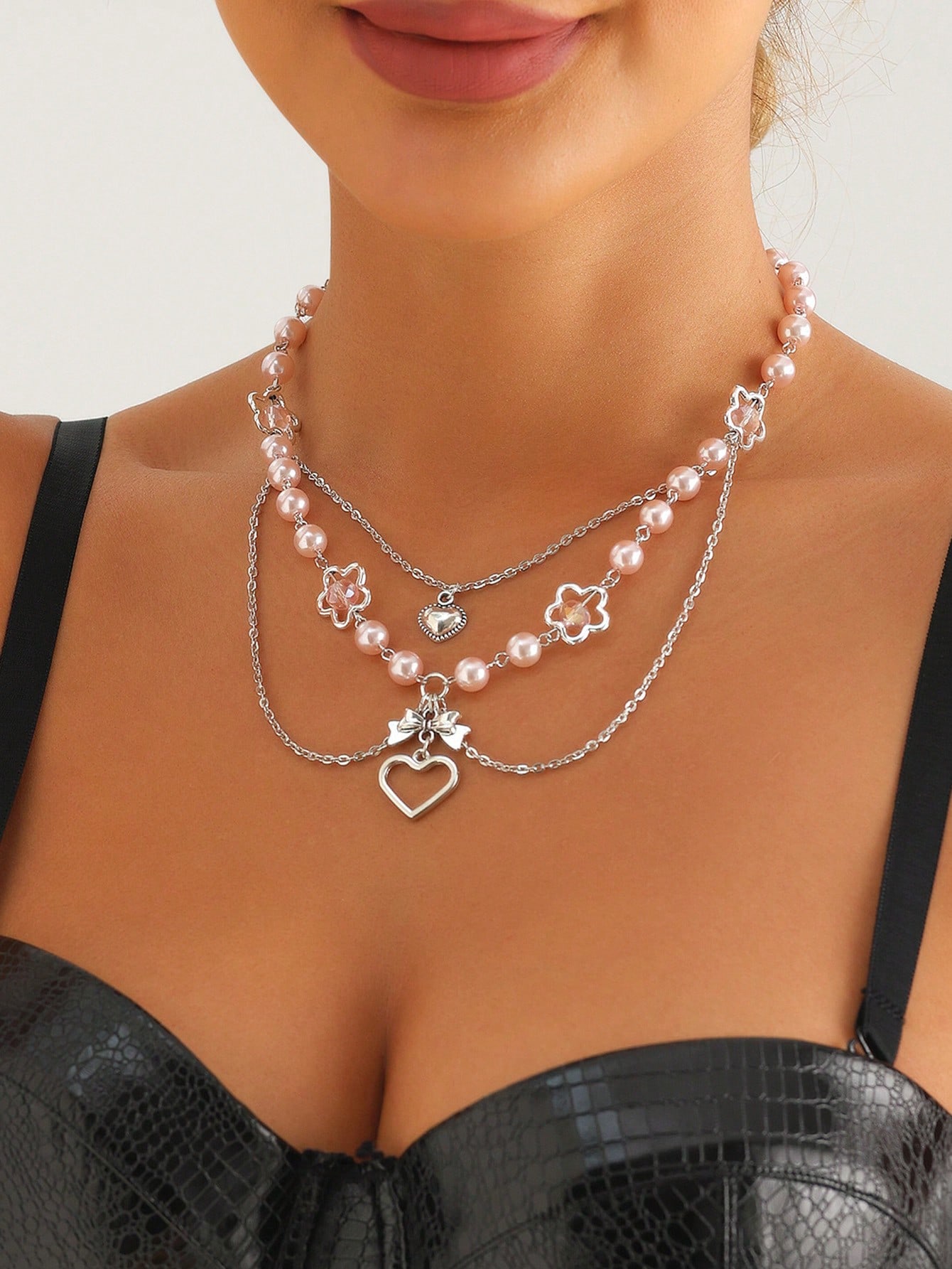 Kawaii 1pc Lady Pink Faux Pearl Heart Multilayer Necklace Valentines