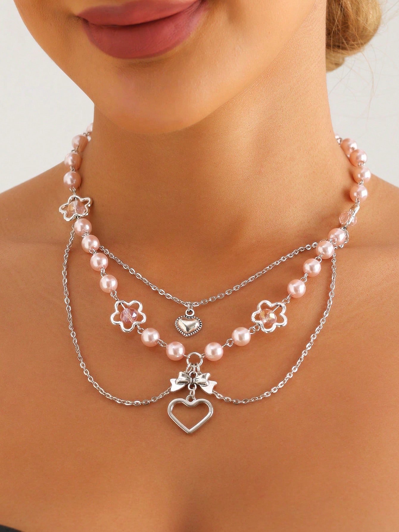 Kawaii 1pc Lady Pink Faux Pearl Heart Multilayer Necklace Valentines