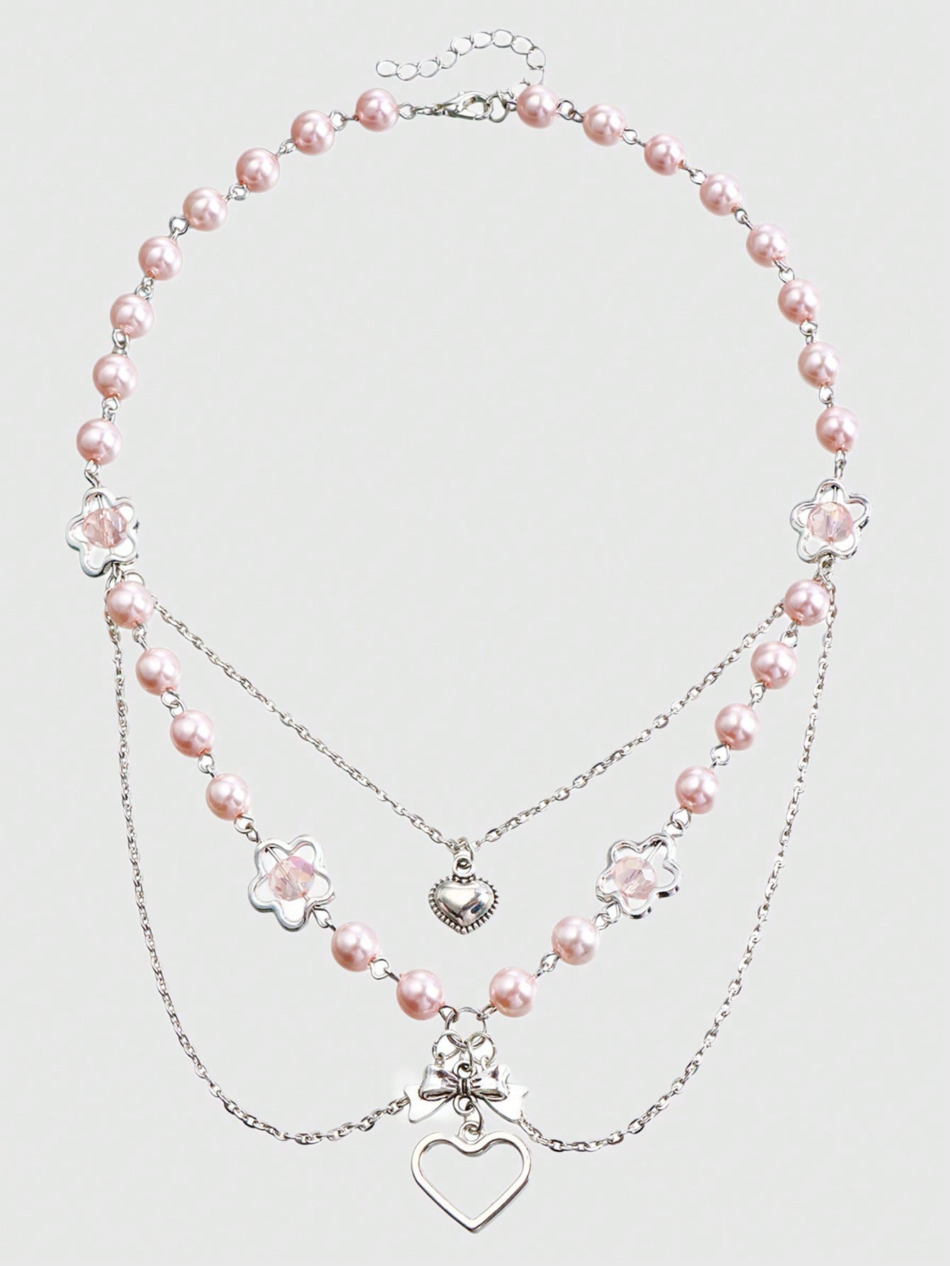Kawaii 1pc Lady Pink Faux Pearl Heart Multilayer Necklace Valentines