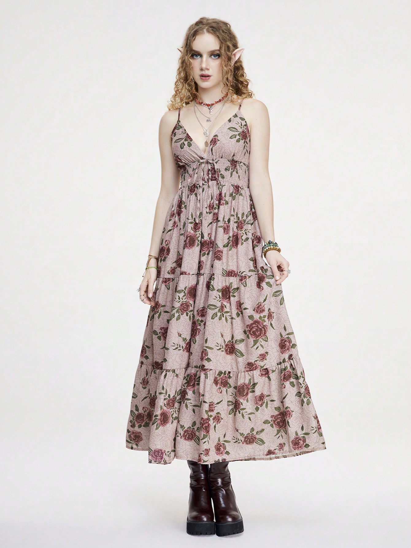 Fairycore Women Floral Print Long Holiday Style Dress With Bowknot Belt