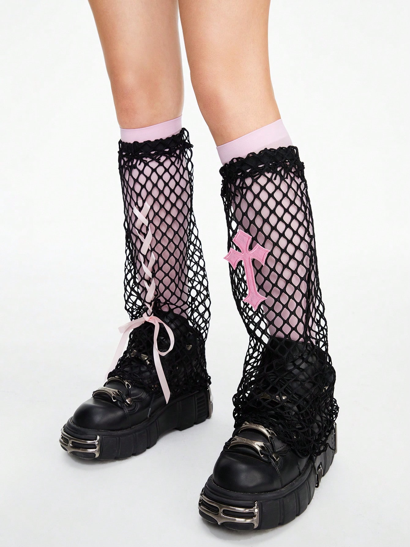 Goth 1pair Dark Girl Pink Cross Pattern With Black Mesh Stockings