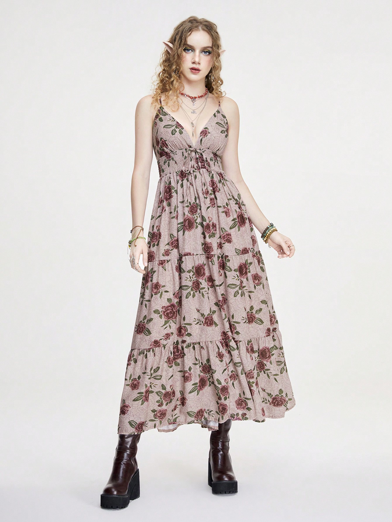 Fairycore Women Floral Print Long Holiday Style Dress With Bowknot Belt