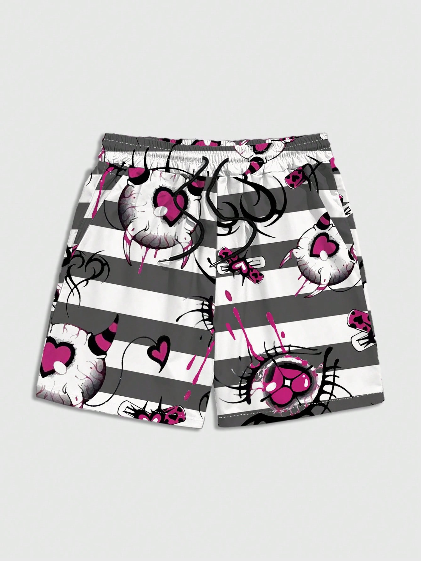 Street Life Men's Casual Drawstring Waist Color Block Striped Heart Eyes All Over Print Shorts For Summer