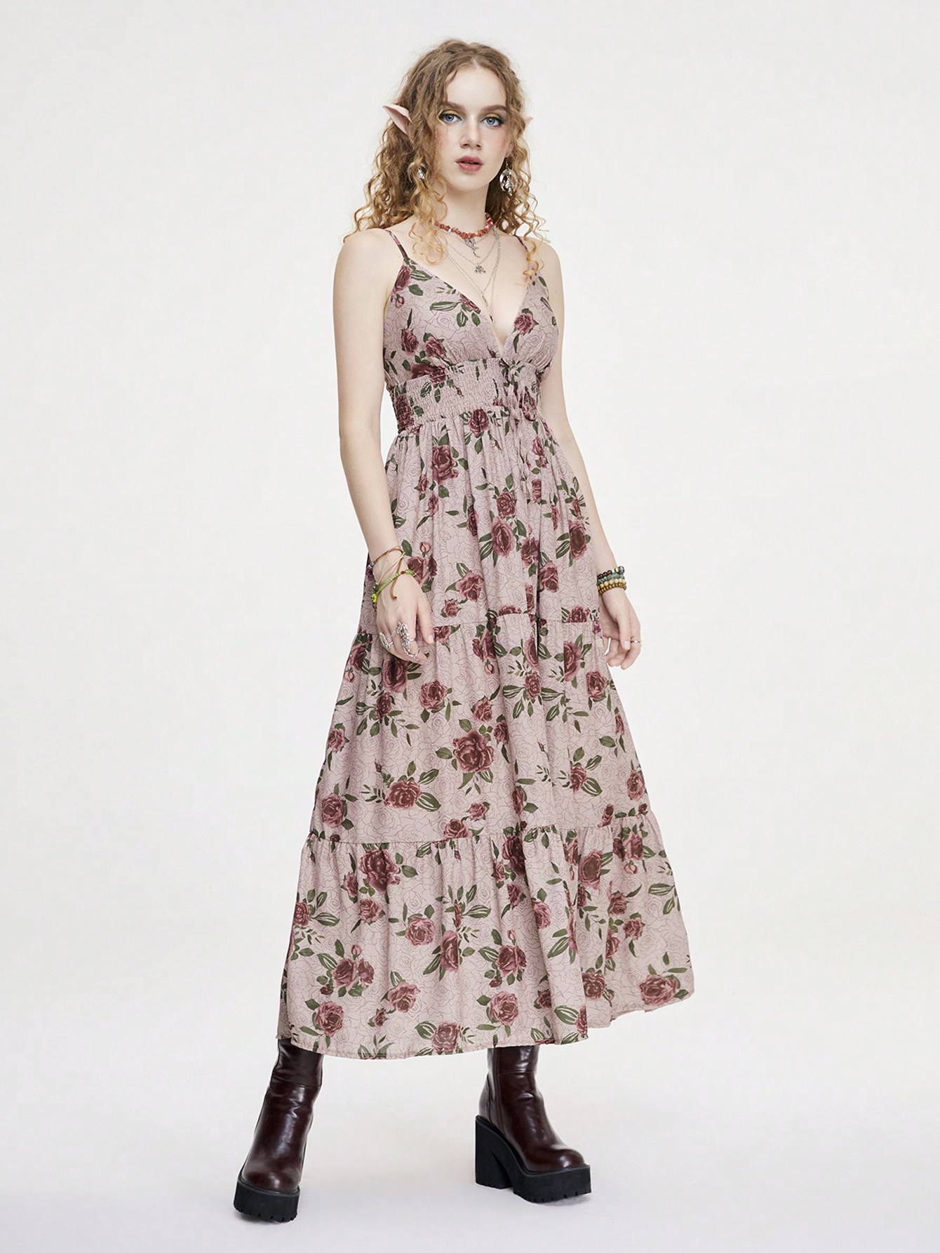 Fairycore Women Floral Print Long Holiday Style Dress With Bowknot Belt