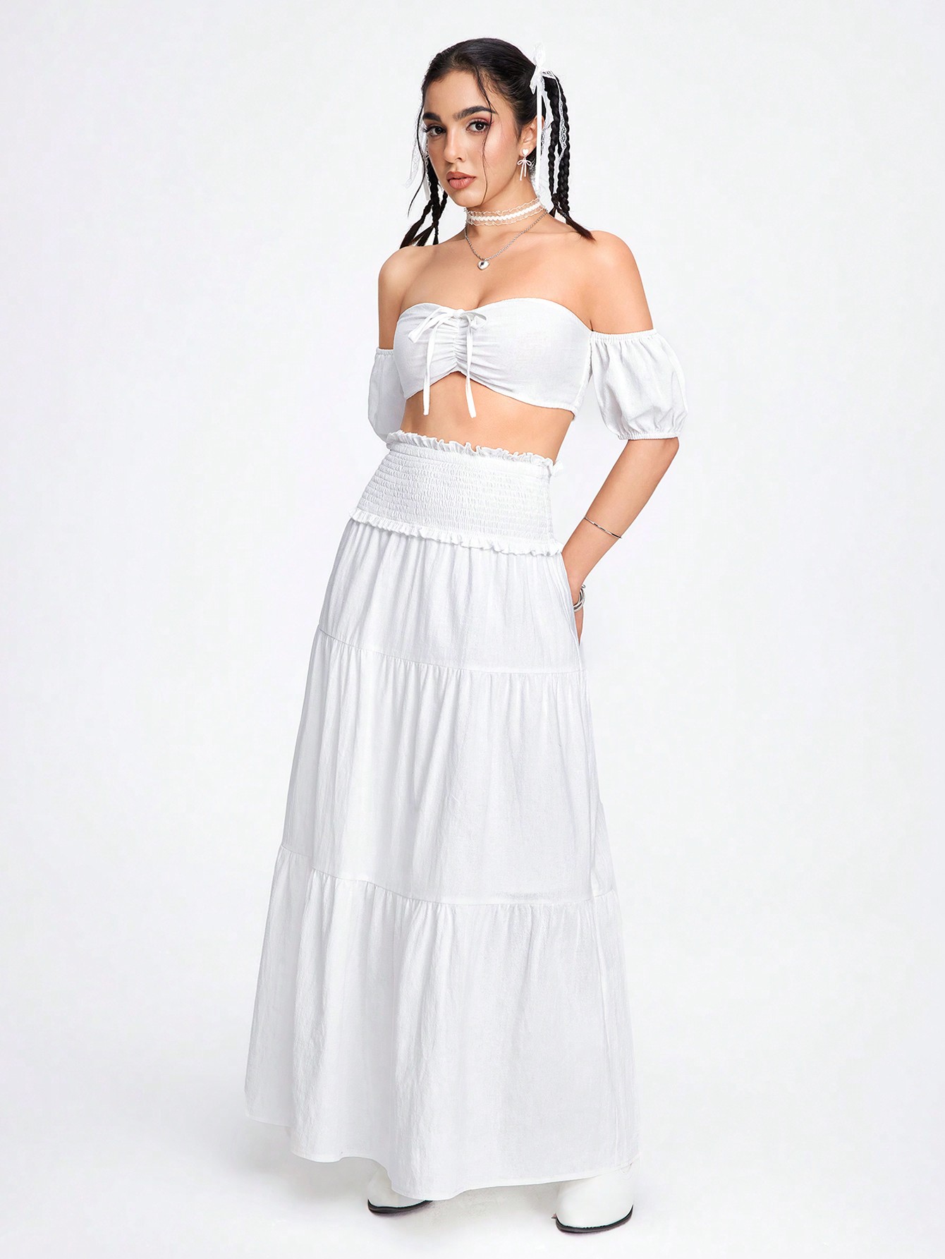Fairycore Casual Beach Style Strapless A-Line Loose Skirt Women 2pcs Set For Holiday Or Vacation Outfits