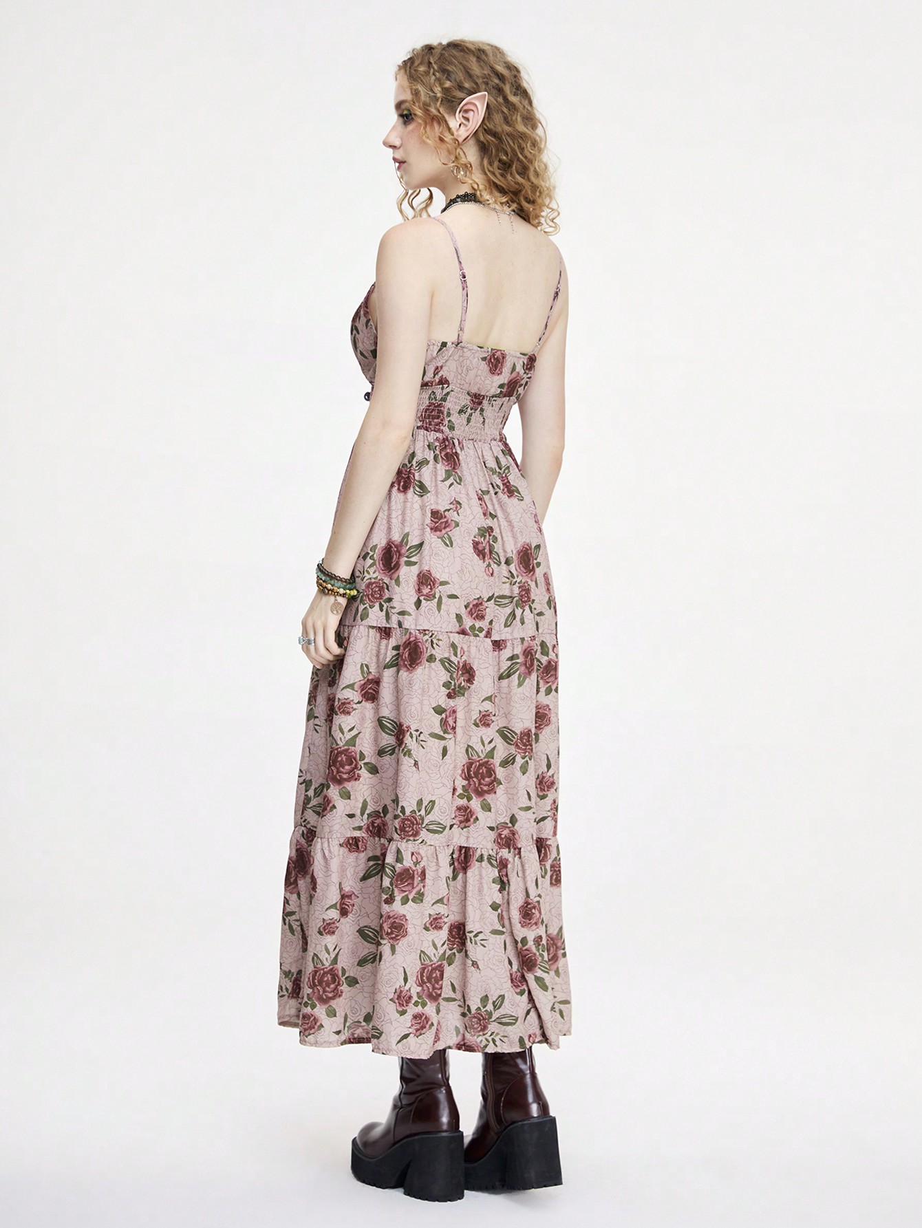 Fairycore Women Floral Print Long Holiday Style Dress With Bowknot Belt