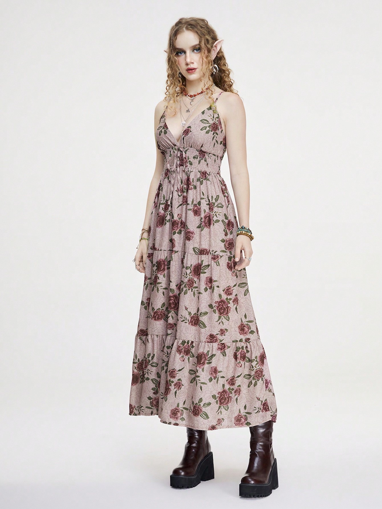 Fairycore Women Floral Print Long Holiday Style Dress With Bowknot Belt