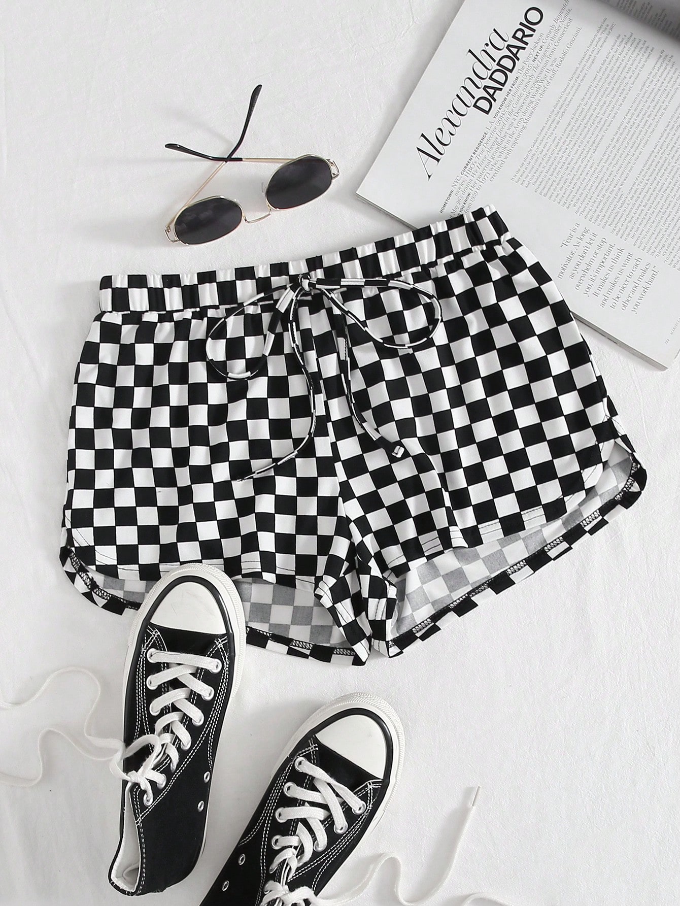 Checkered Print Drawstring Shorts