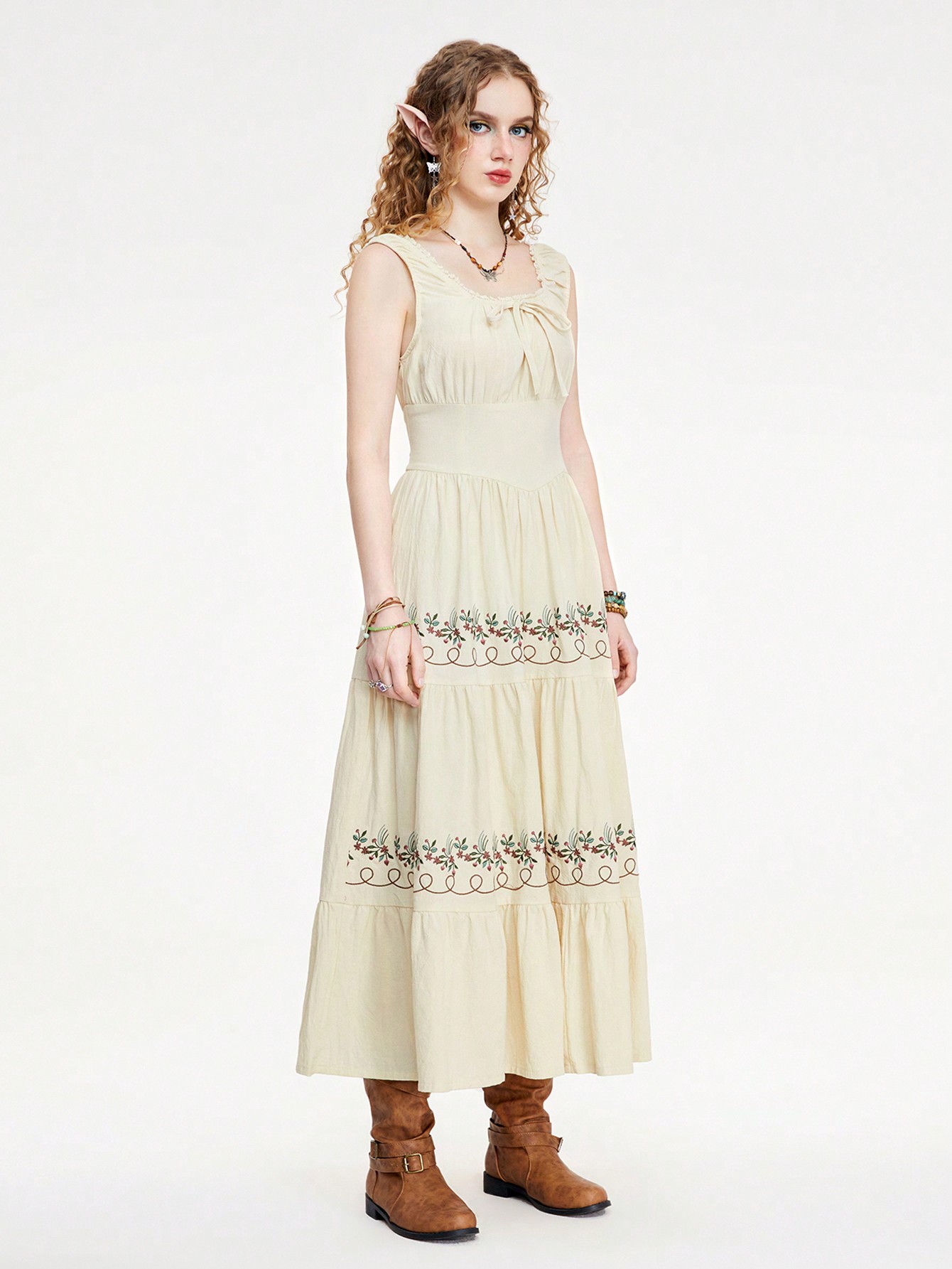 Fairycore Women's Washed Linen Embroidery Long Cottagecore Dress