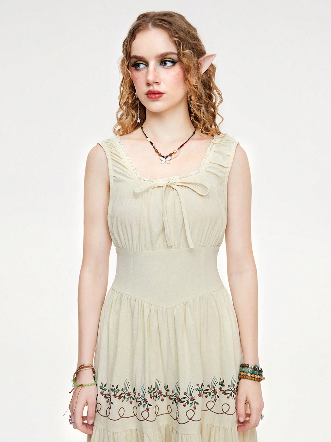 Fairycore Women's Washed Linen Embroidery Long Cottagecore Dress
