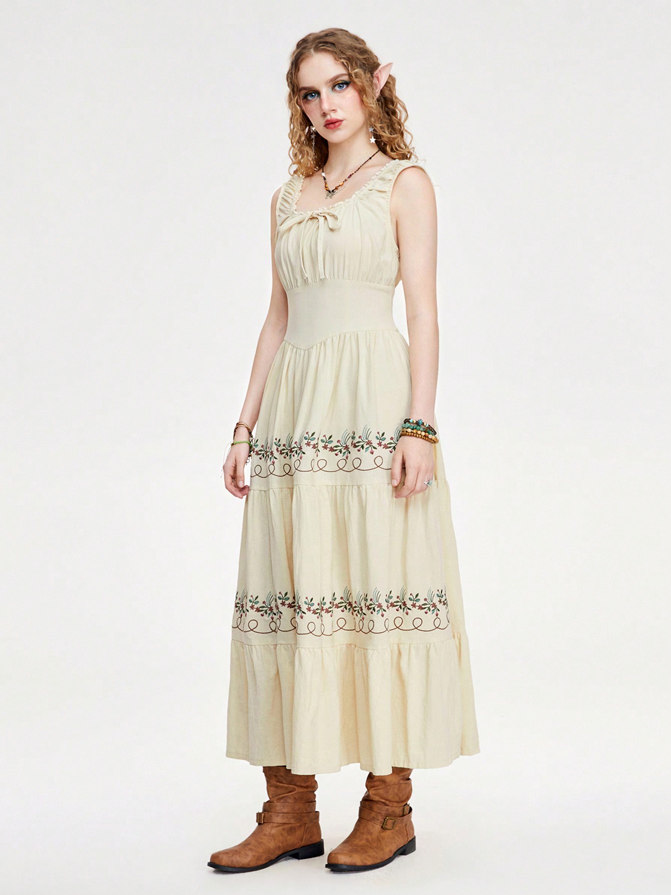 Fairycore Women's Washed Linen Embroidery Long Cottagecore Dress