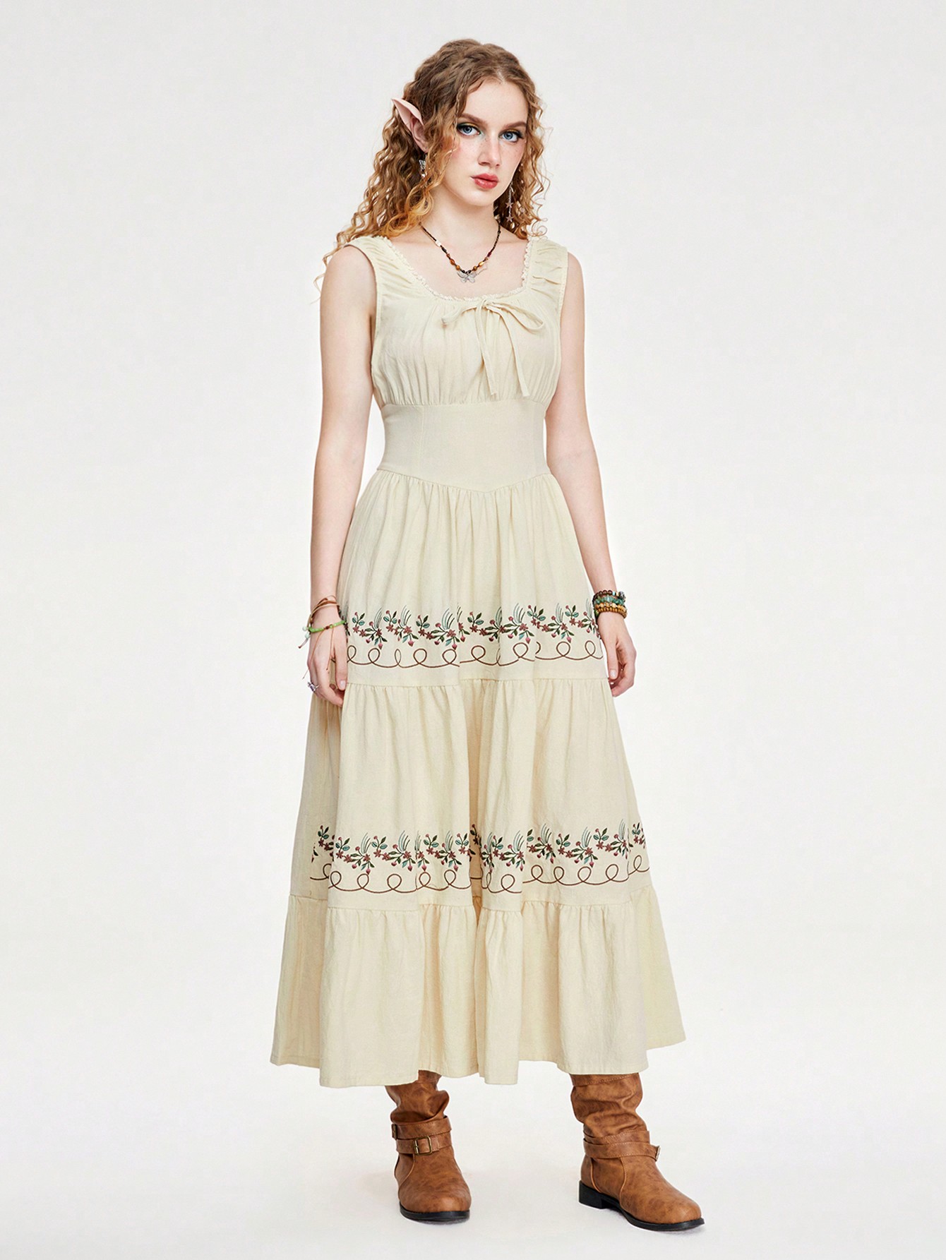 Fairycore Women's Washed Linen Embroidery Long Cottagecore Dress