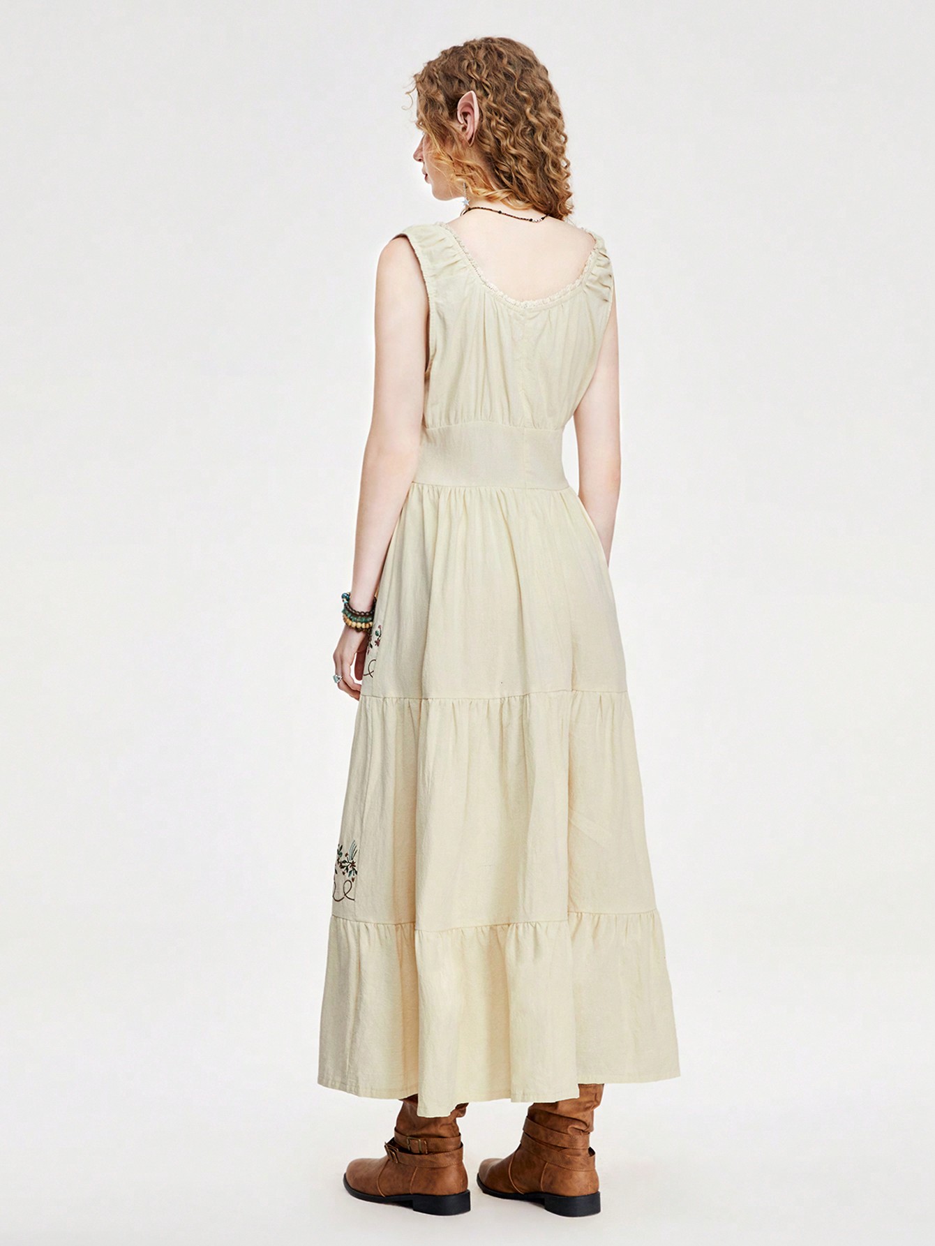 Fairycore Women's Washed Linen Embroidery Long Cottagecore Dress