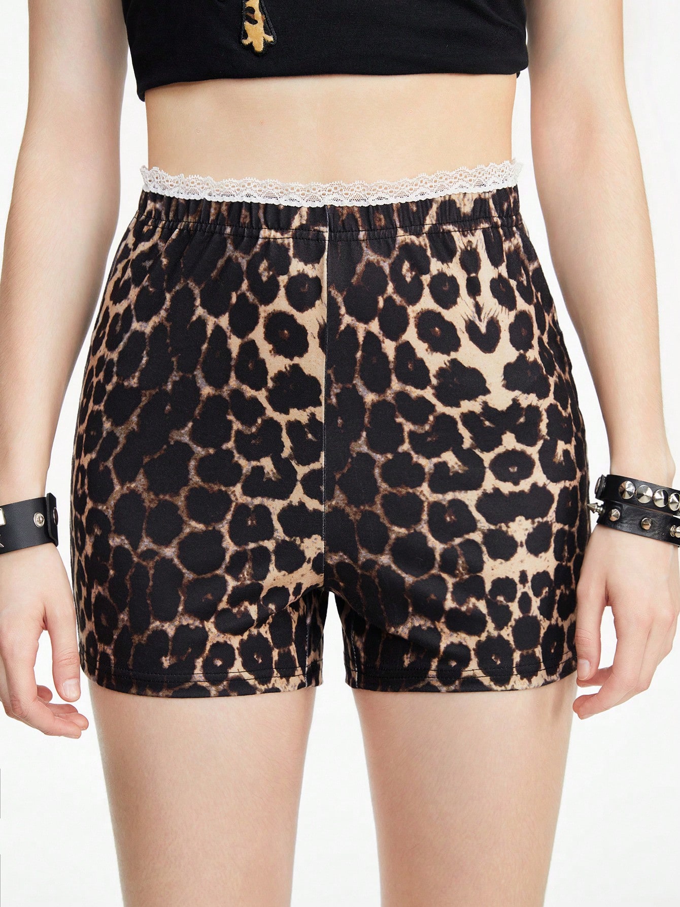 Fairycore Sexy Leopard Print Contrast Lace Tight Elastic Shorts