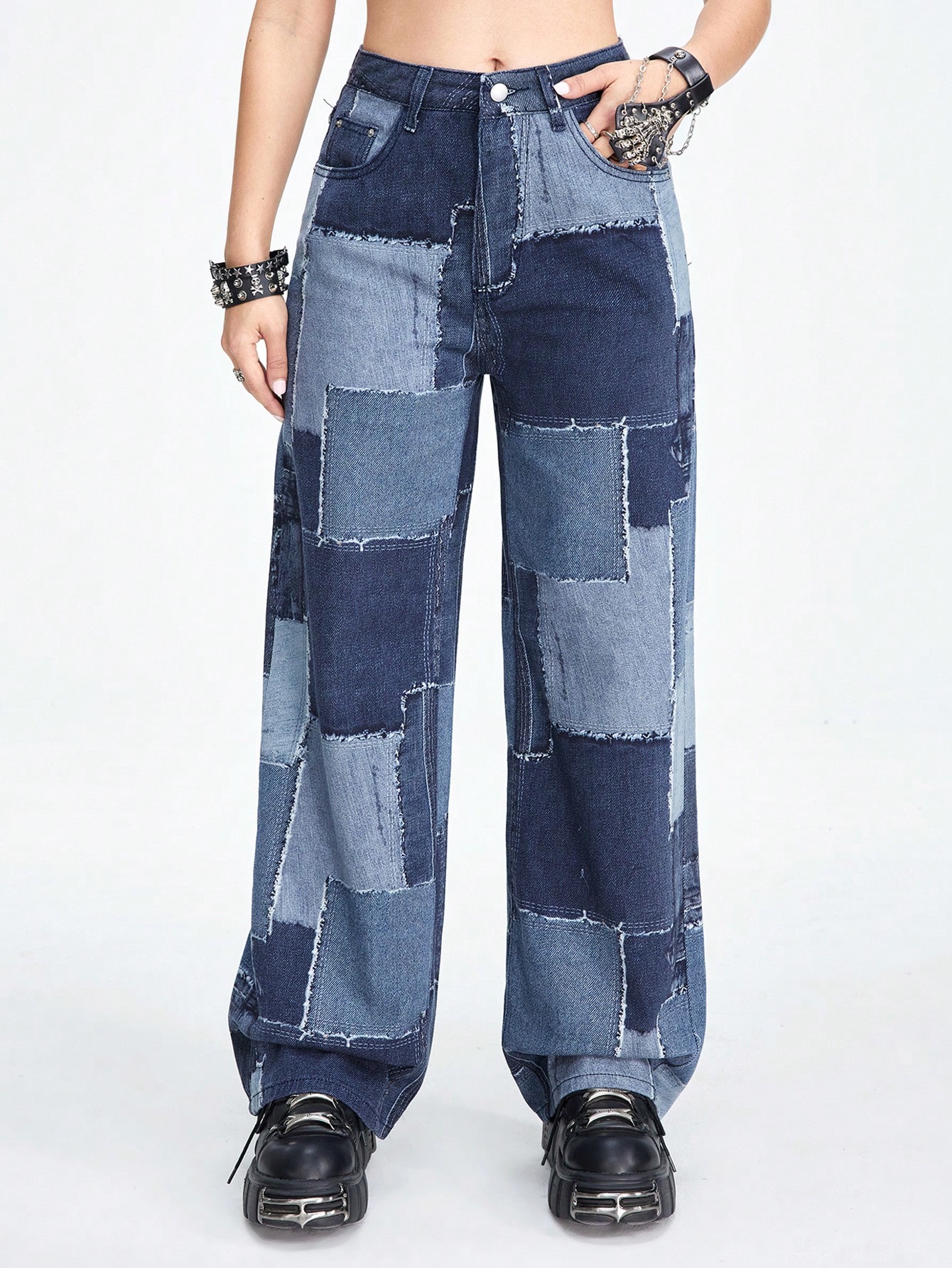 Street Life Women's Straight Leg Jeans With Color Block Patchwork