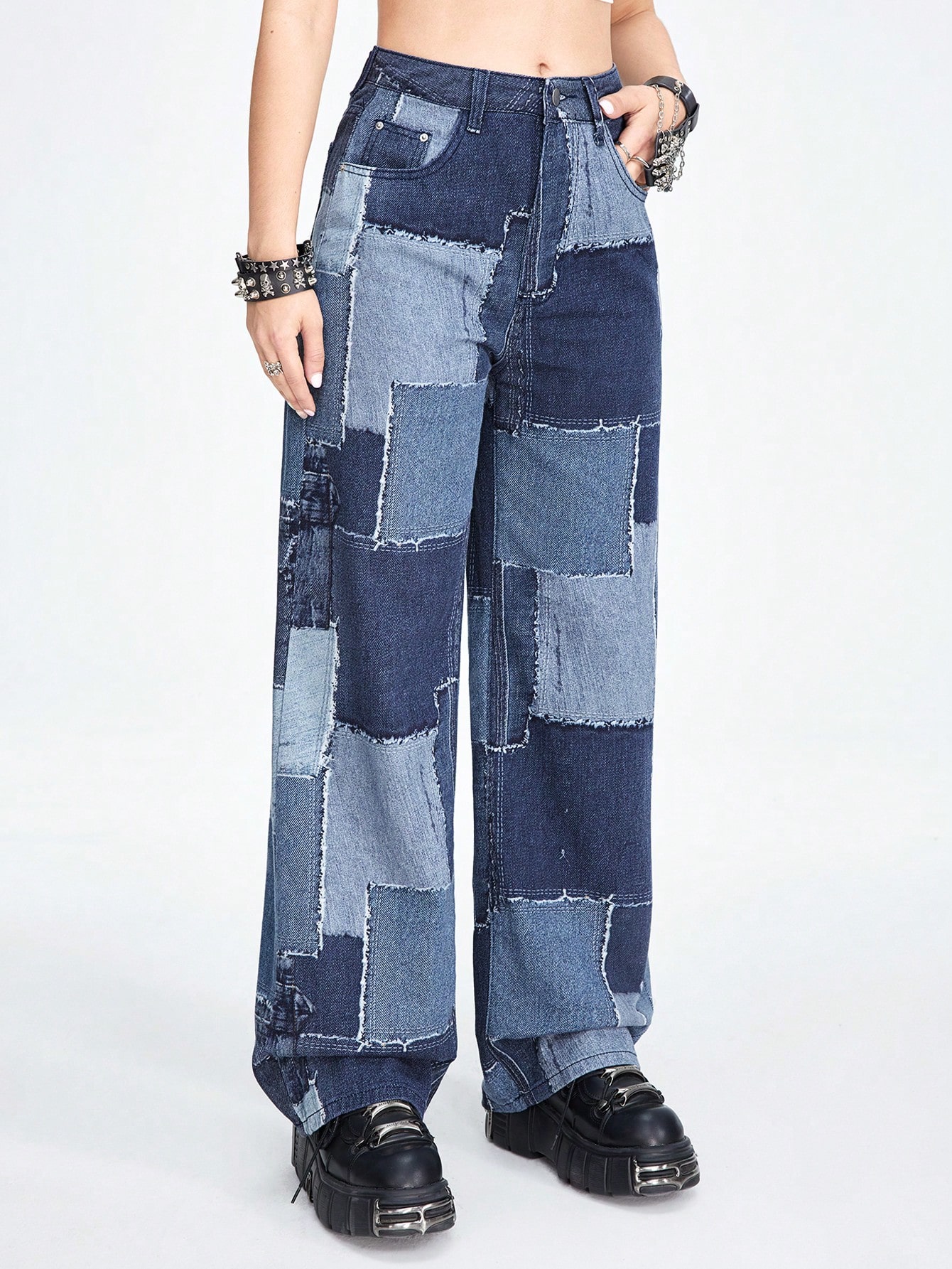 Street Life Women's Straight Leg Jeans With Color Block Patchwork