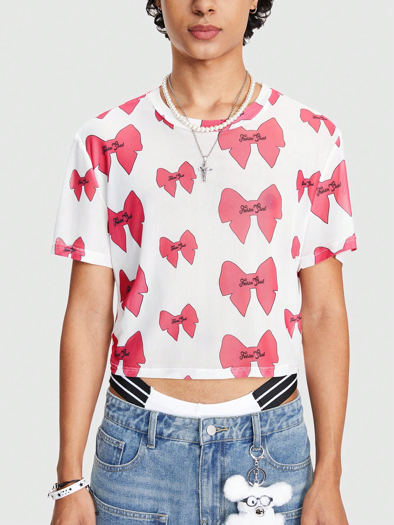 ROMWE Avant Men's Summer Bowtie Print Round-Neck Short Sleeve Casual T-Shirt
