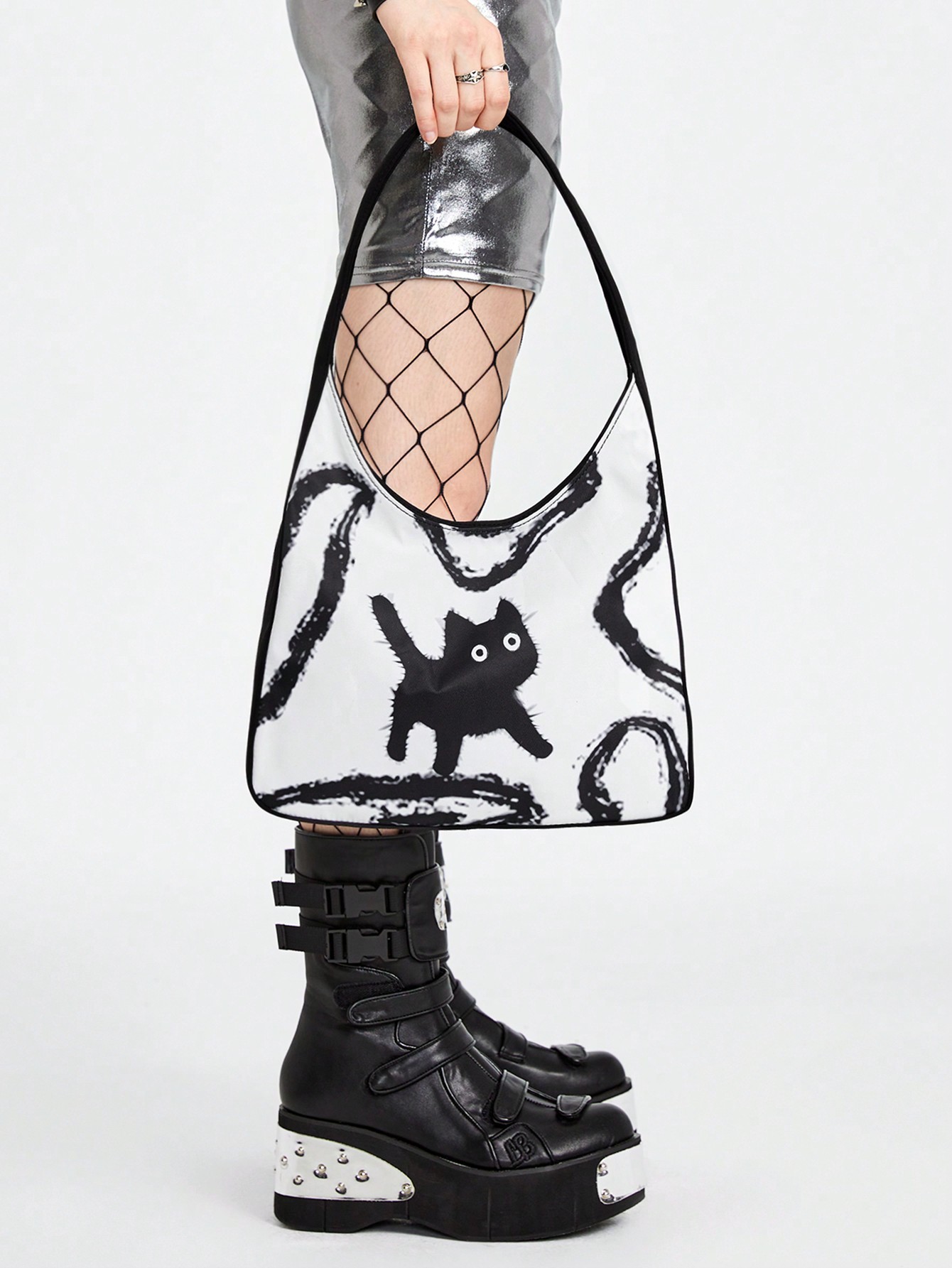 Goth Black And White Cat Print Gothic Punk Style Large Capacity Shoulder Bag
