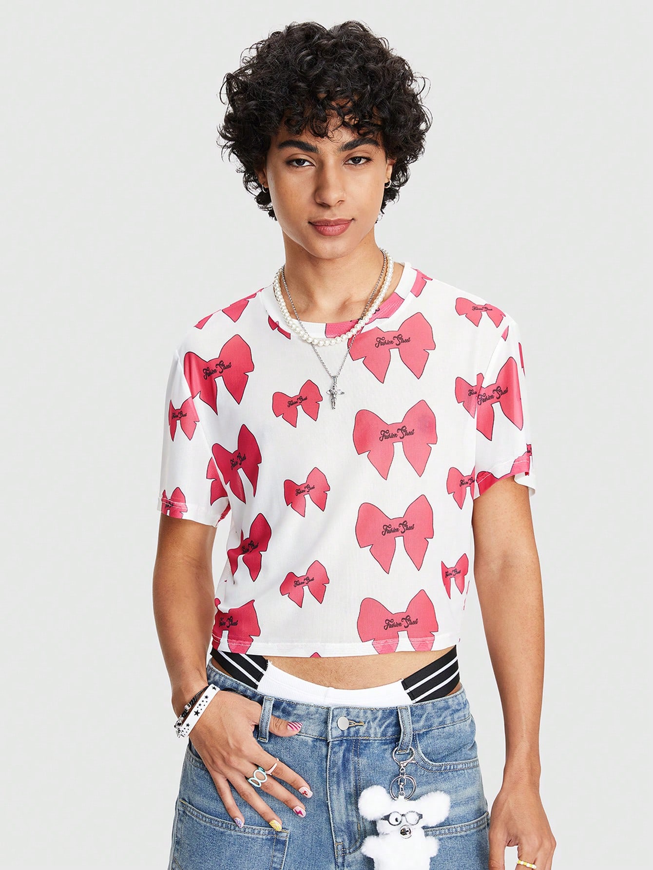 ROMWE Avant Men's Summer Bowtie Print Round-Neck Short Sleeve Casual T-Shirt
