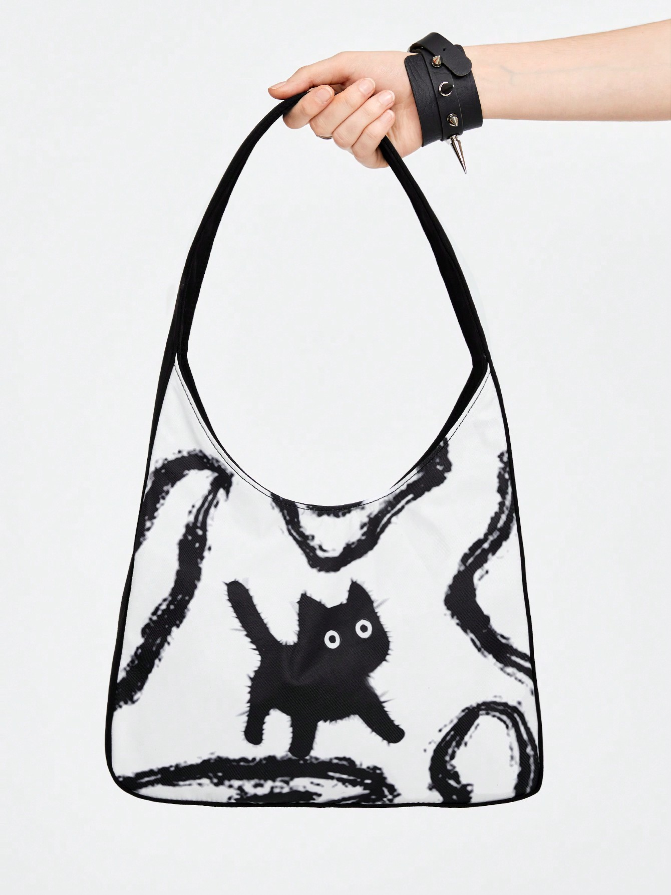 Goth Black And White Cat Print Gothic Punk Style Large Capacity Shoulder Bag