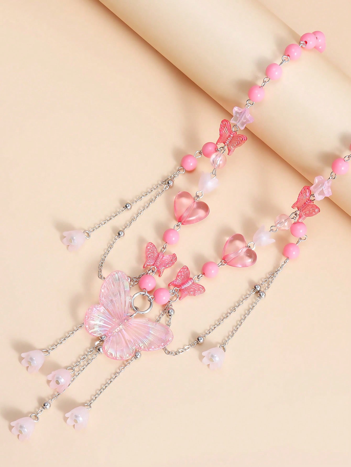 Kawaii 1pc Ladies' Glamorous Pink Beaded Heart & Faux Pearl Butterfly Pendant Necklace Valentines
