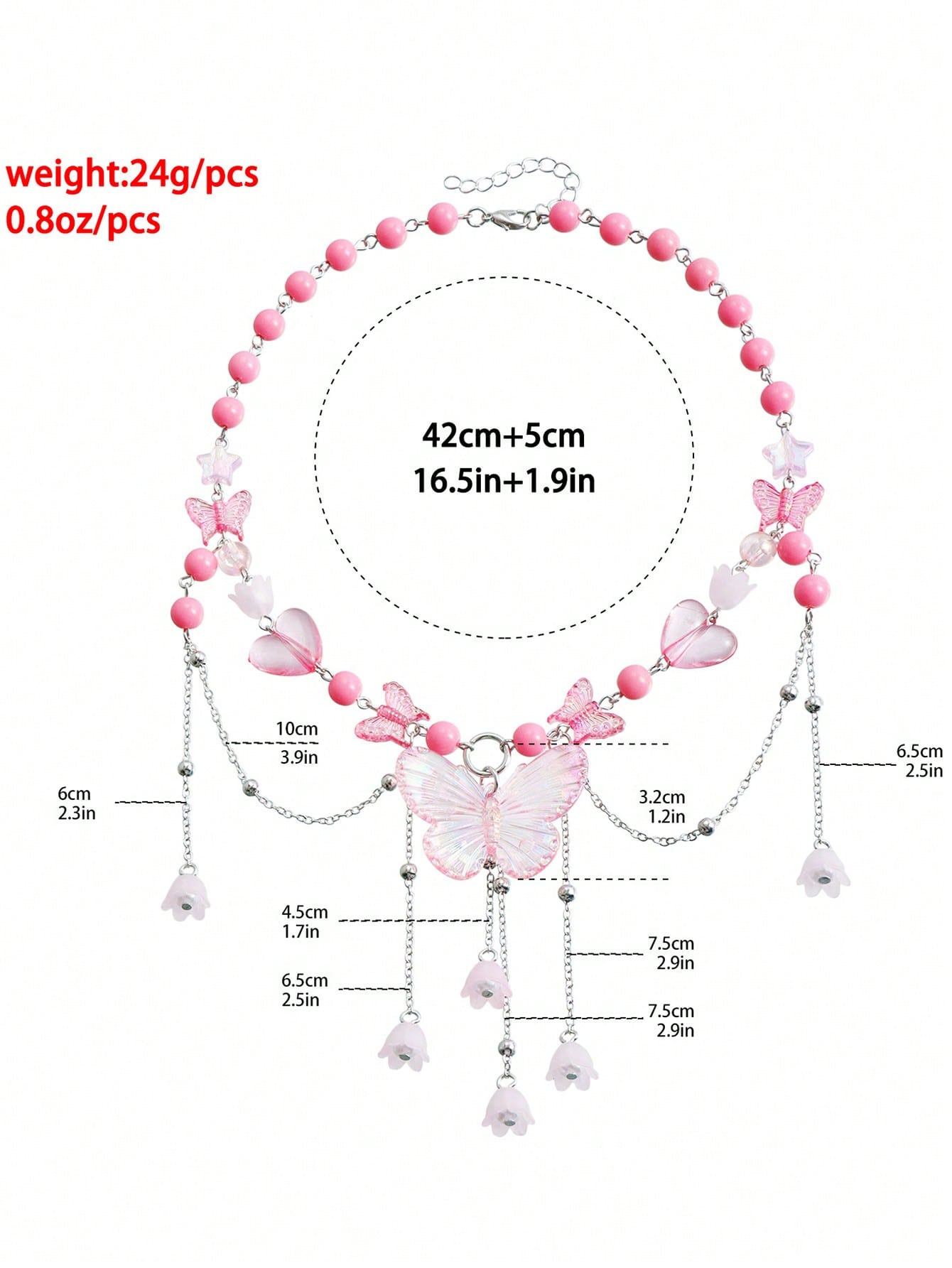 Kawaii 1pc Ladies' Glamorous Pink Beaded Heart & Faux Pearl Butterfly Pendant Necklace Valentines