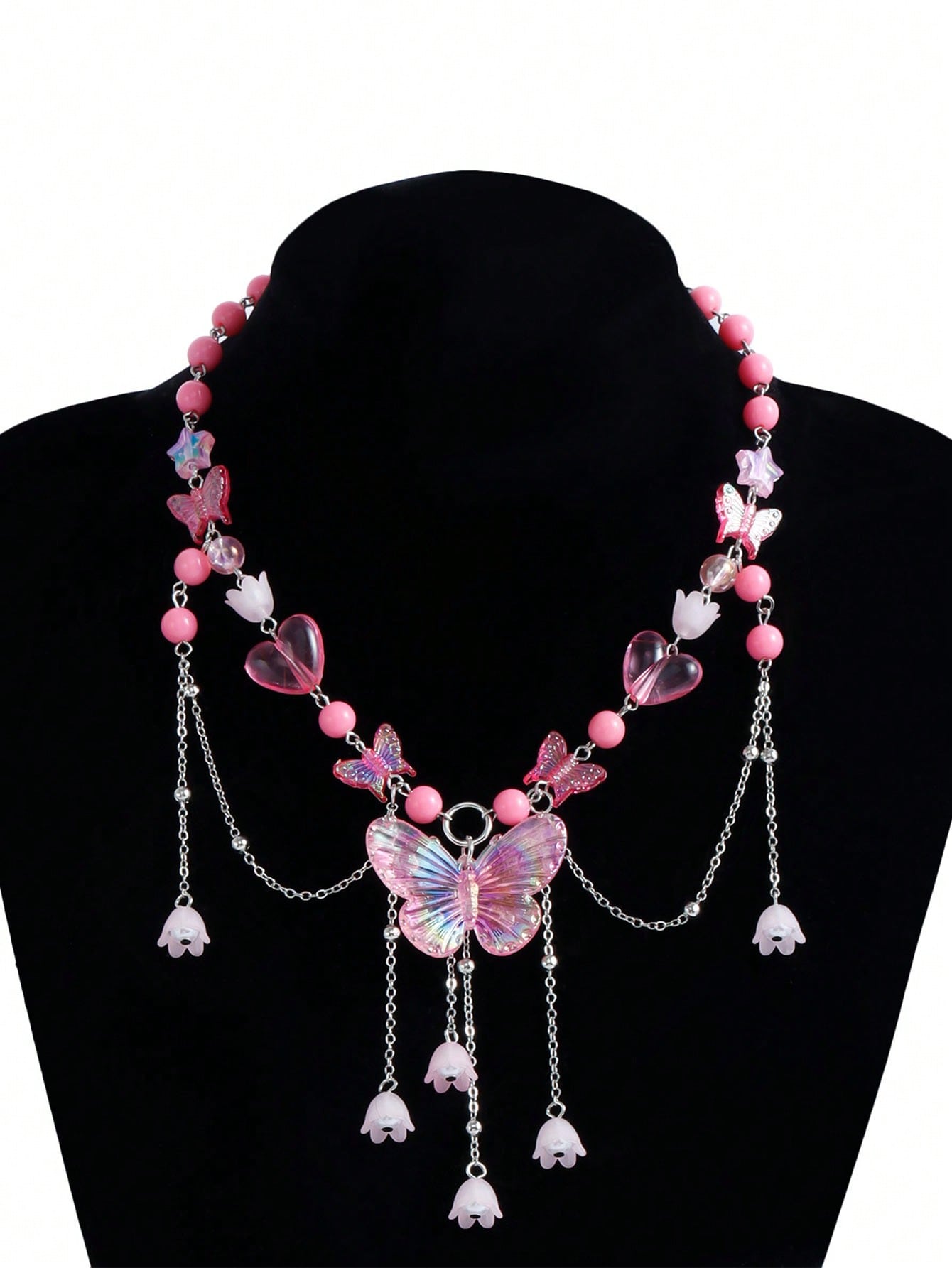 Kawaii 1pc Ladies' Glamorous Pink Beaded Heart & Faux Pearl Butterfly Pendant Necklace Valentines
