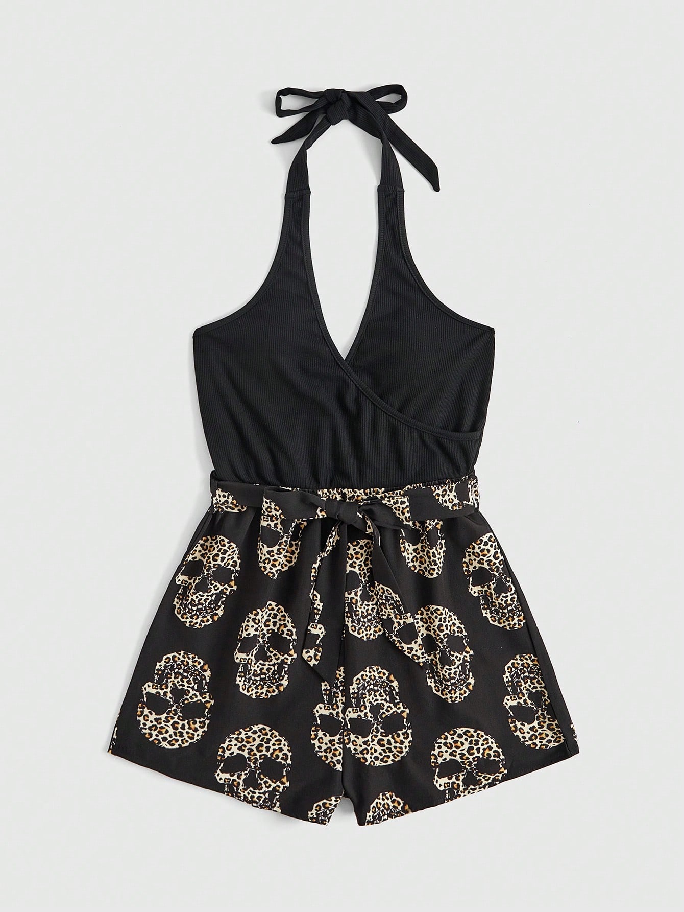 Kawaii Women's Leopard Print Belted Halter Jumpsuit For Summer