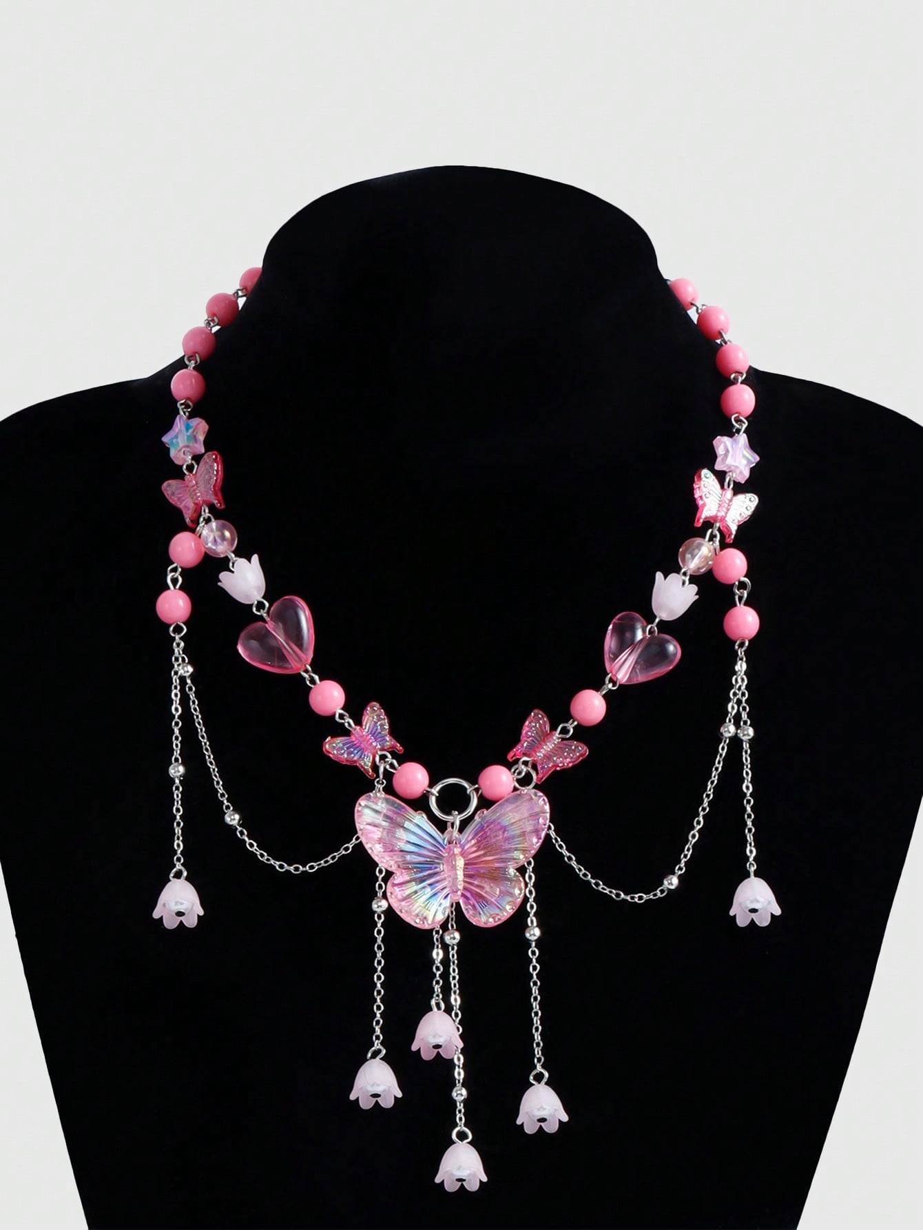 Kawaii 1pc Ladies' Glamorous Pink Beaded Heart & Faux Pearl Butterfly Pendant Necklace Valentines