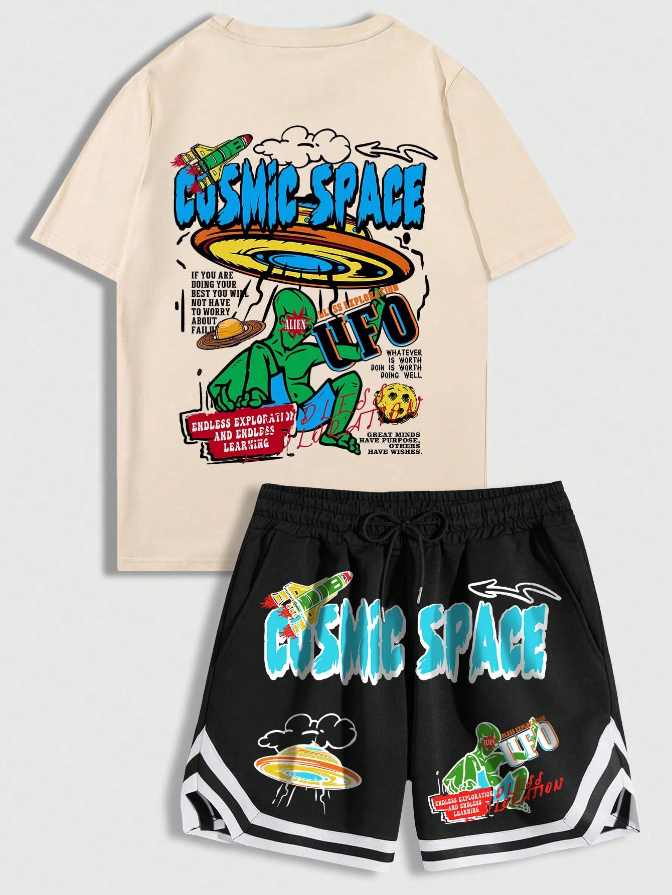 Street Life Men's Slogan Alien Printed Crew Neck Short Sleeve Casual T-Shirt And Drawstring Waist Shorts Set, Suitable For Daily Wear In Spring And Summer, School