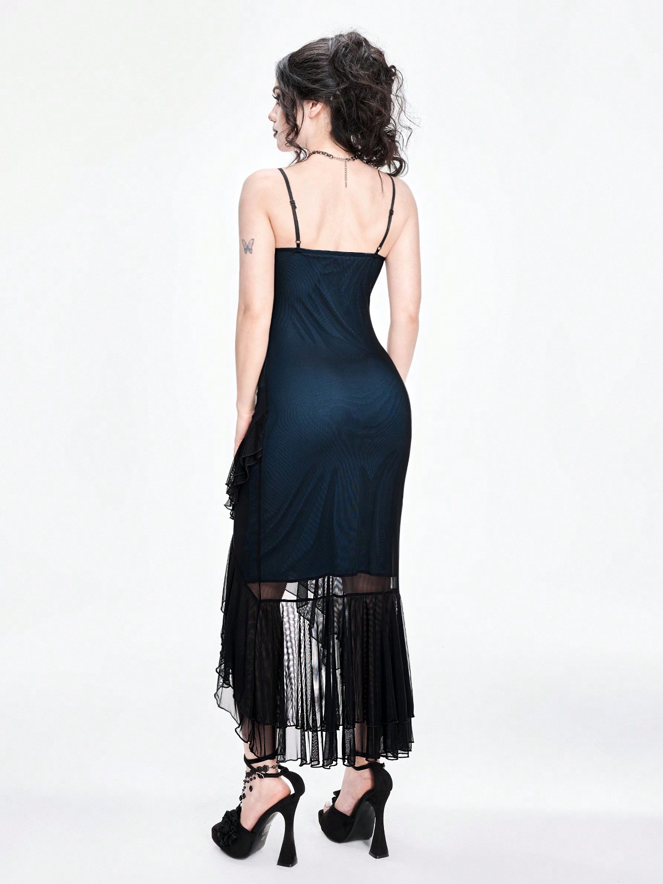 Goth Dark Gothic Mesh Sheer Ruffle Hem Bodycon Fishtail Slip Dress For Women