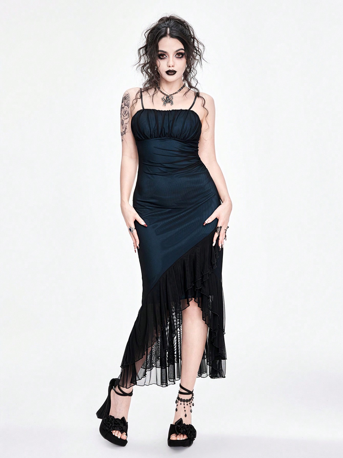Goth Dark Gothic Mesh Sheer Ruffle Hem Bodycon Fishtail Slip Dress For Women