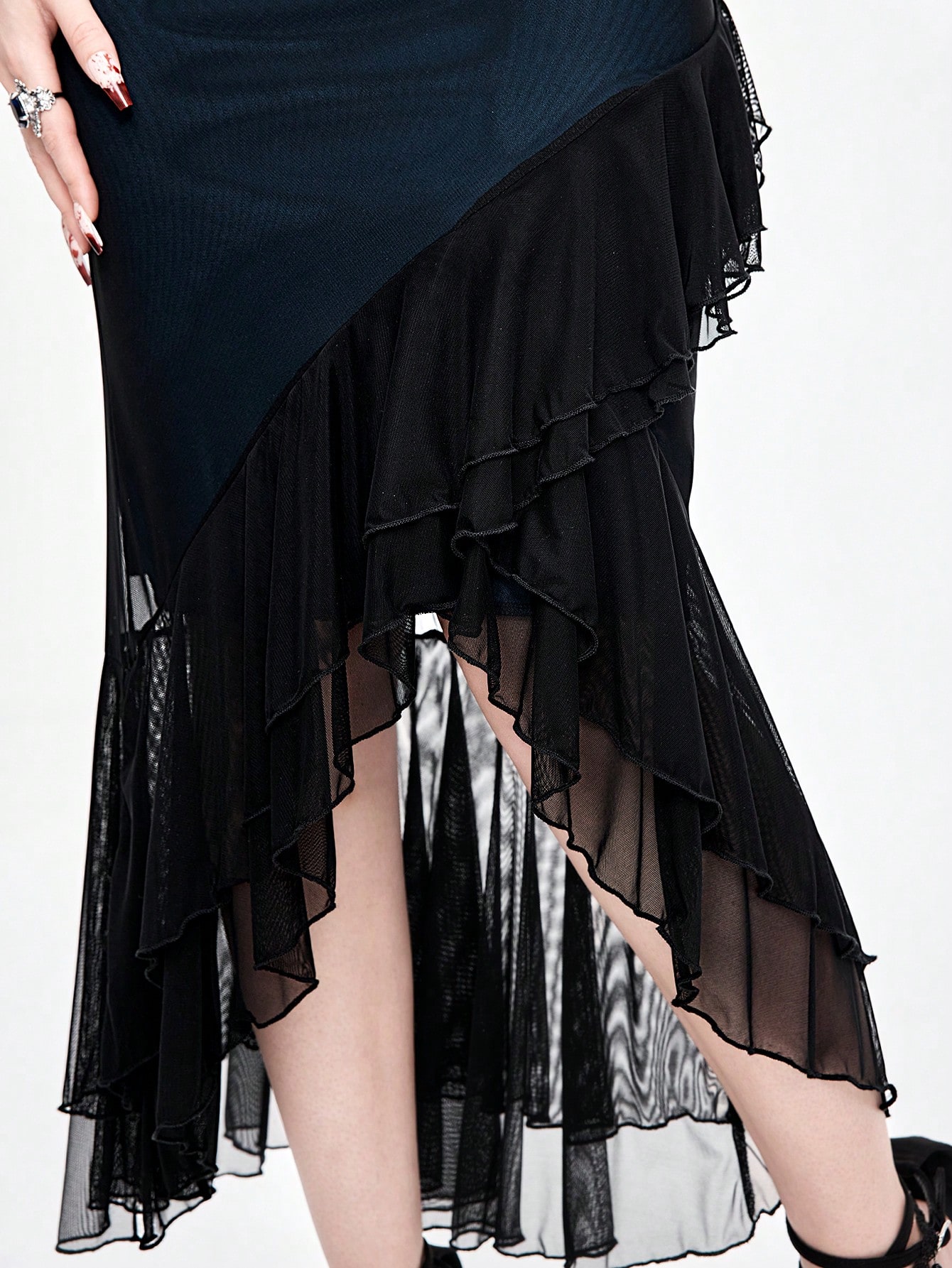 Goth Dark Gothic Mesh Sheer Ruffle Hem Bodycon Fishtail Slip Dress For Women