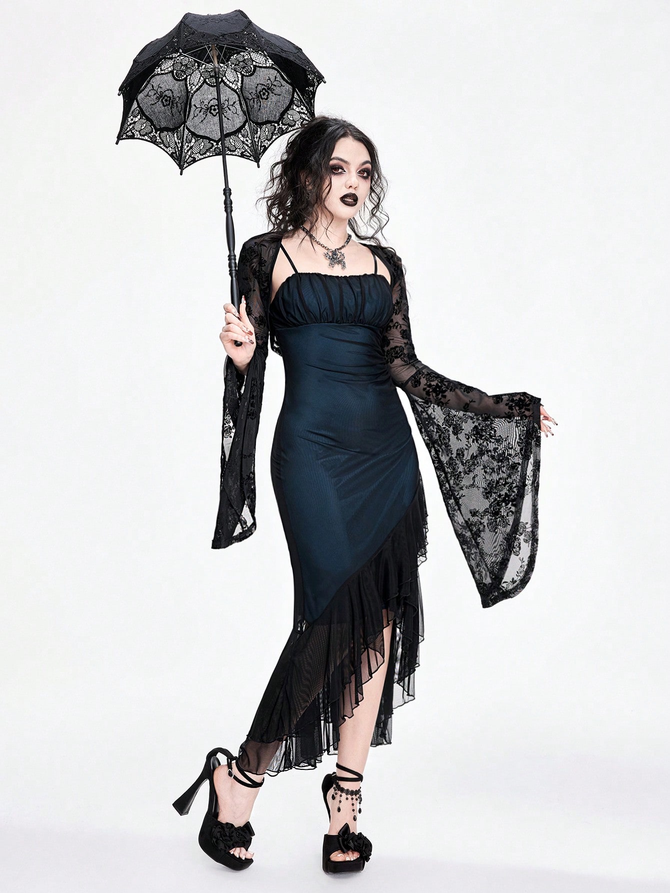 Goth Dark Gothic Mesh Sheer Ruffle Hem Bodycon Fishtail Slip Dress For Women