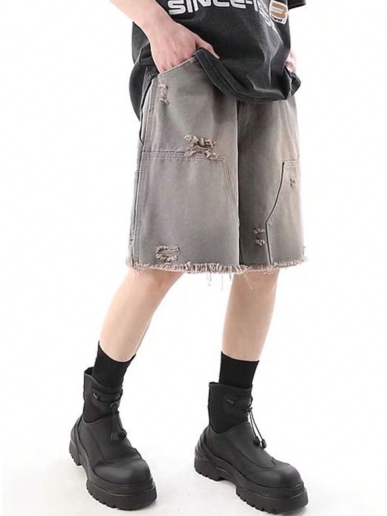 Street Life Men's Loose Fit Frayed Hem Bermuda Denim Shorts, Suitable For Daily Wear In Spring And Summer