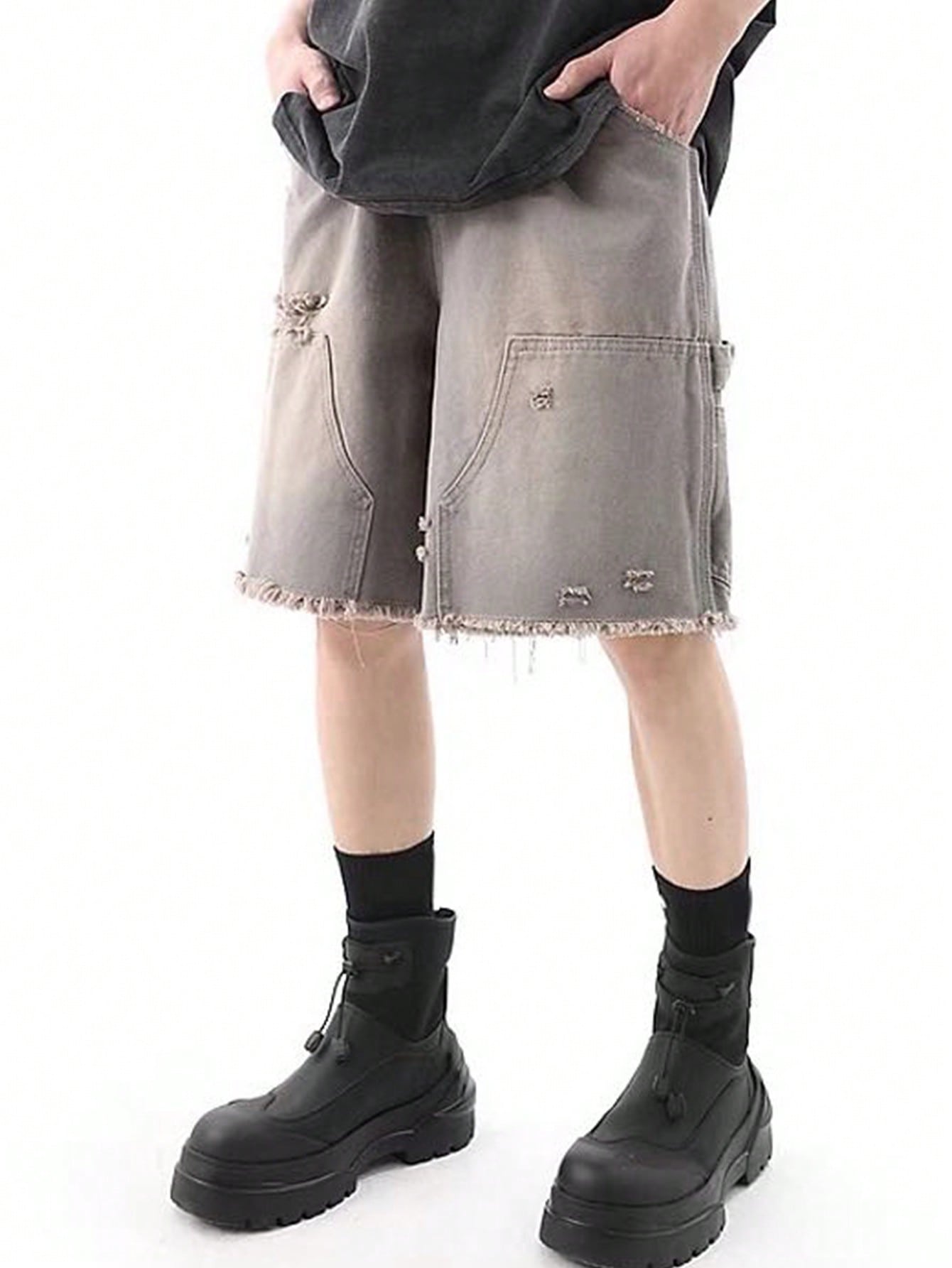 Street Life Men's Loose Fit Frayed Hem Bermuda Denim Shorts, Suitable For Daily Wear In Spring And Summer