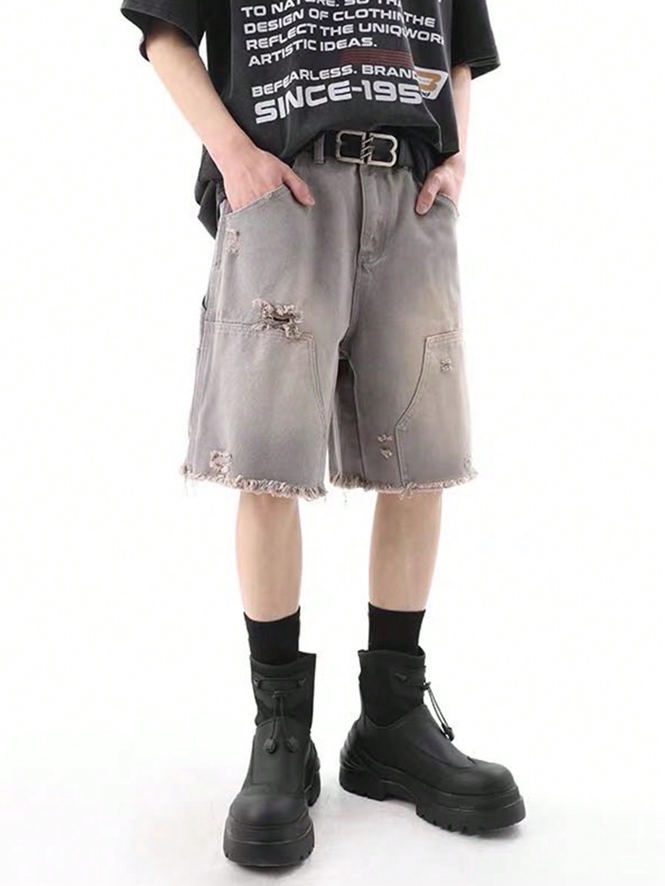 Street Life Men's Loose Fit Frayed Hem Bermuda Denim Shorts, Suitable For Daily Wear In Spring And Summer