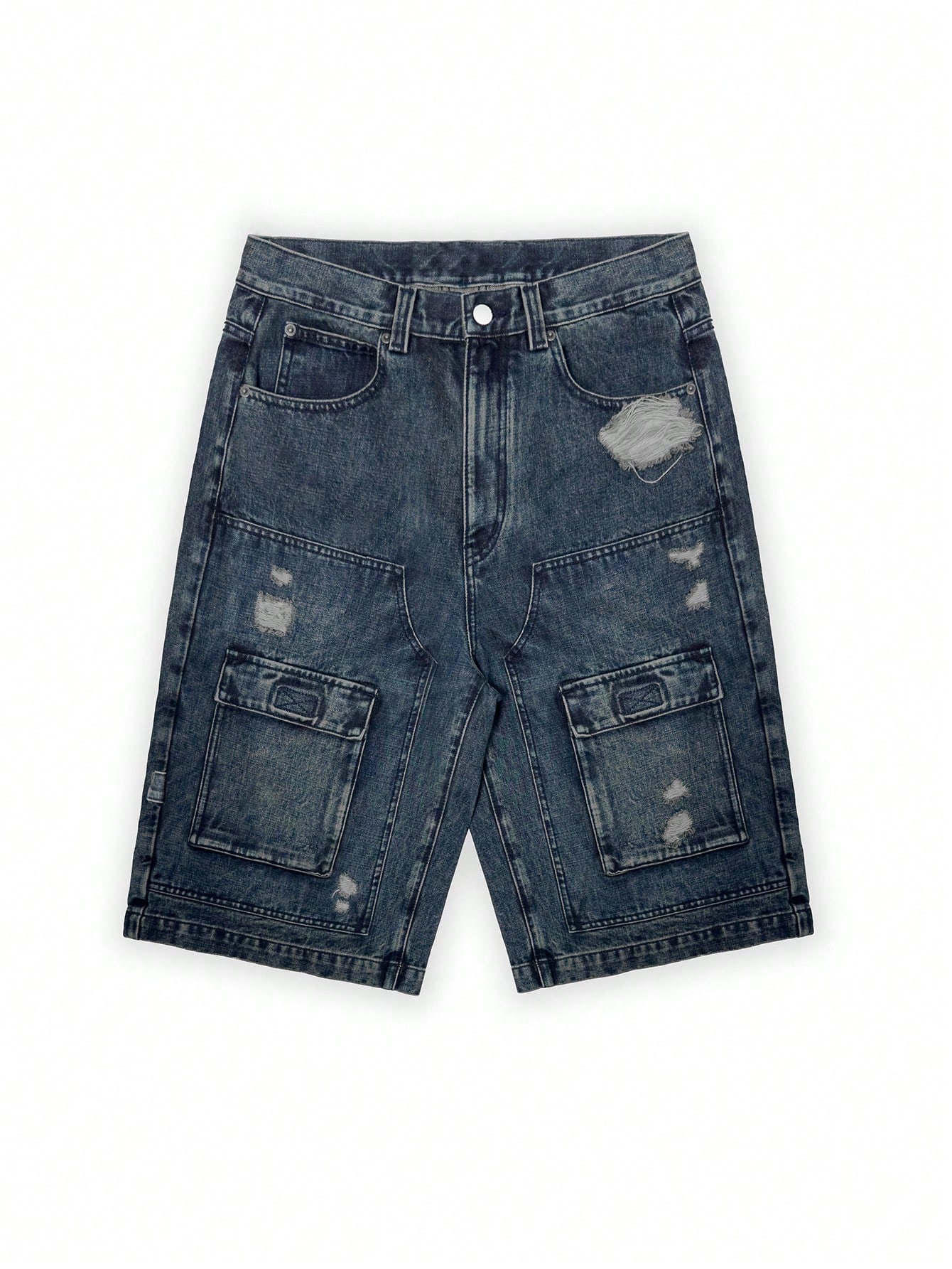 Street Life Men's Washed Distressed Multi-Pocket Denim Cargo Baggy Shorts Knee Length Baggy Jeans For Summer