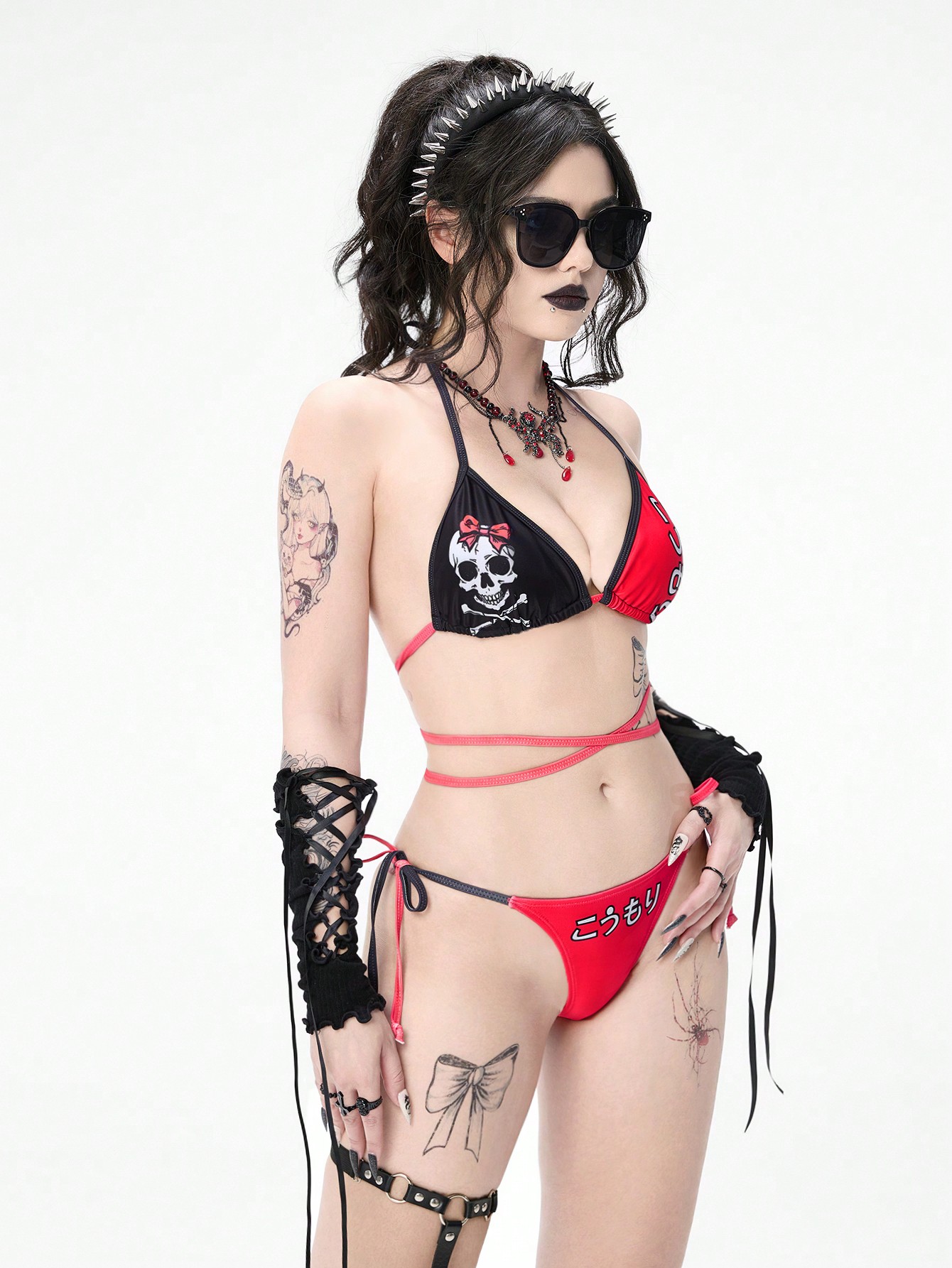 Goth Women's Skull Printed Halter Neck Tie Sexy Bikini Set Summer
