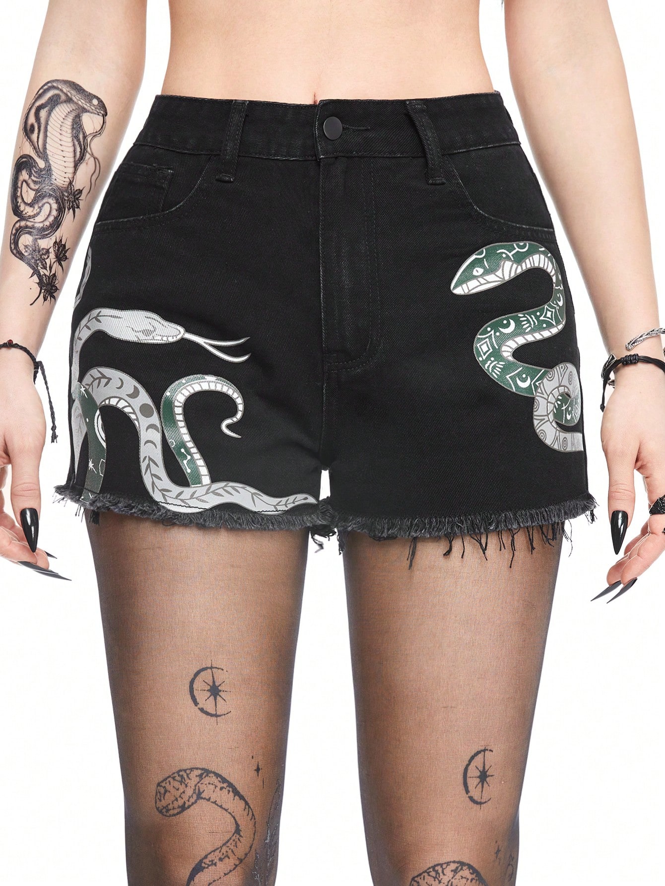 Goth Dark Summer Gothic Green Coiled Snake Printed Denim Shorts For Women, Beach Vacation