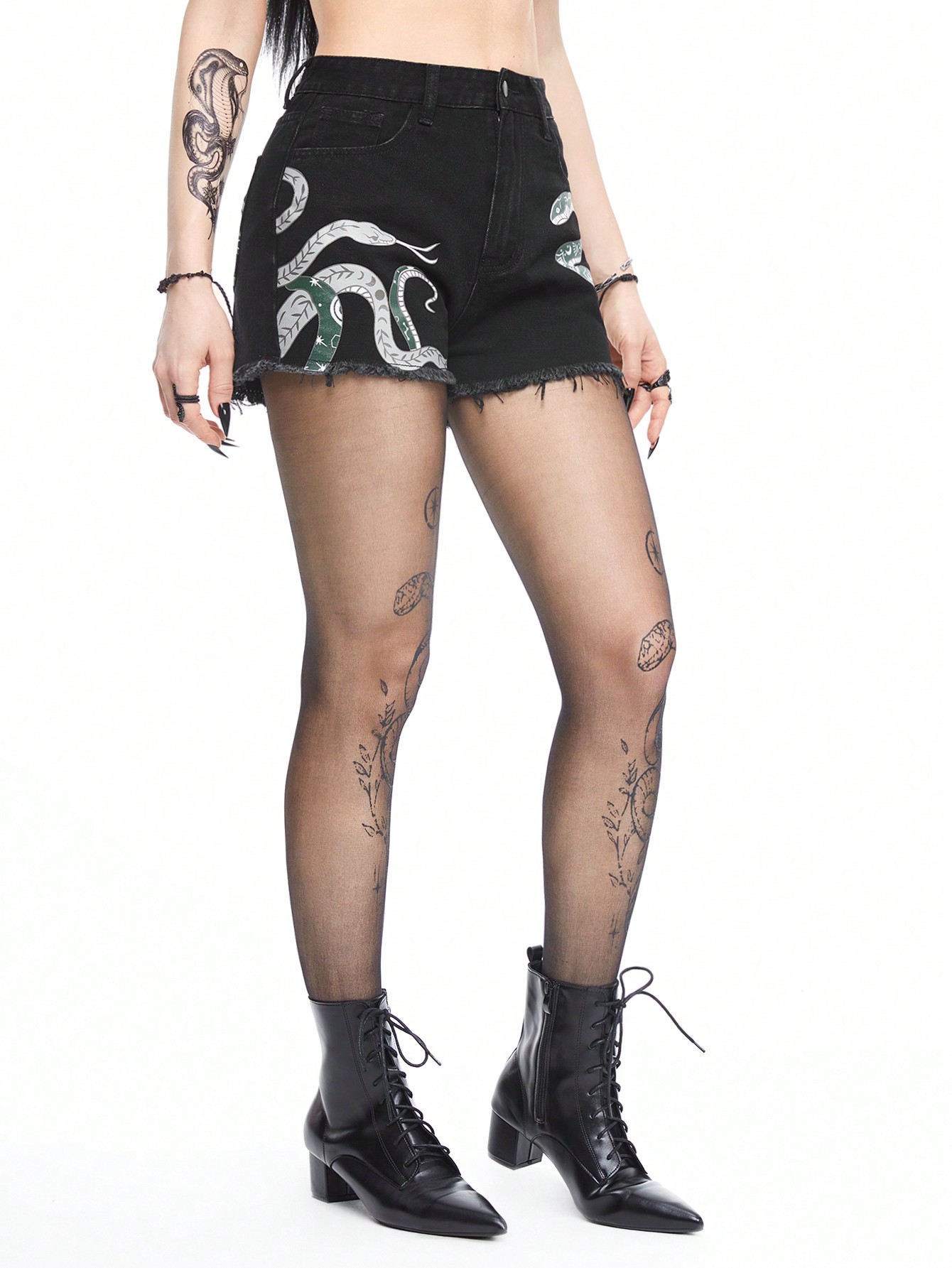 Goth Dark Summer Gothic Green Coiled Snake Printed Denim Shorts For Women, Beach Vacation