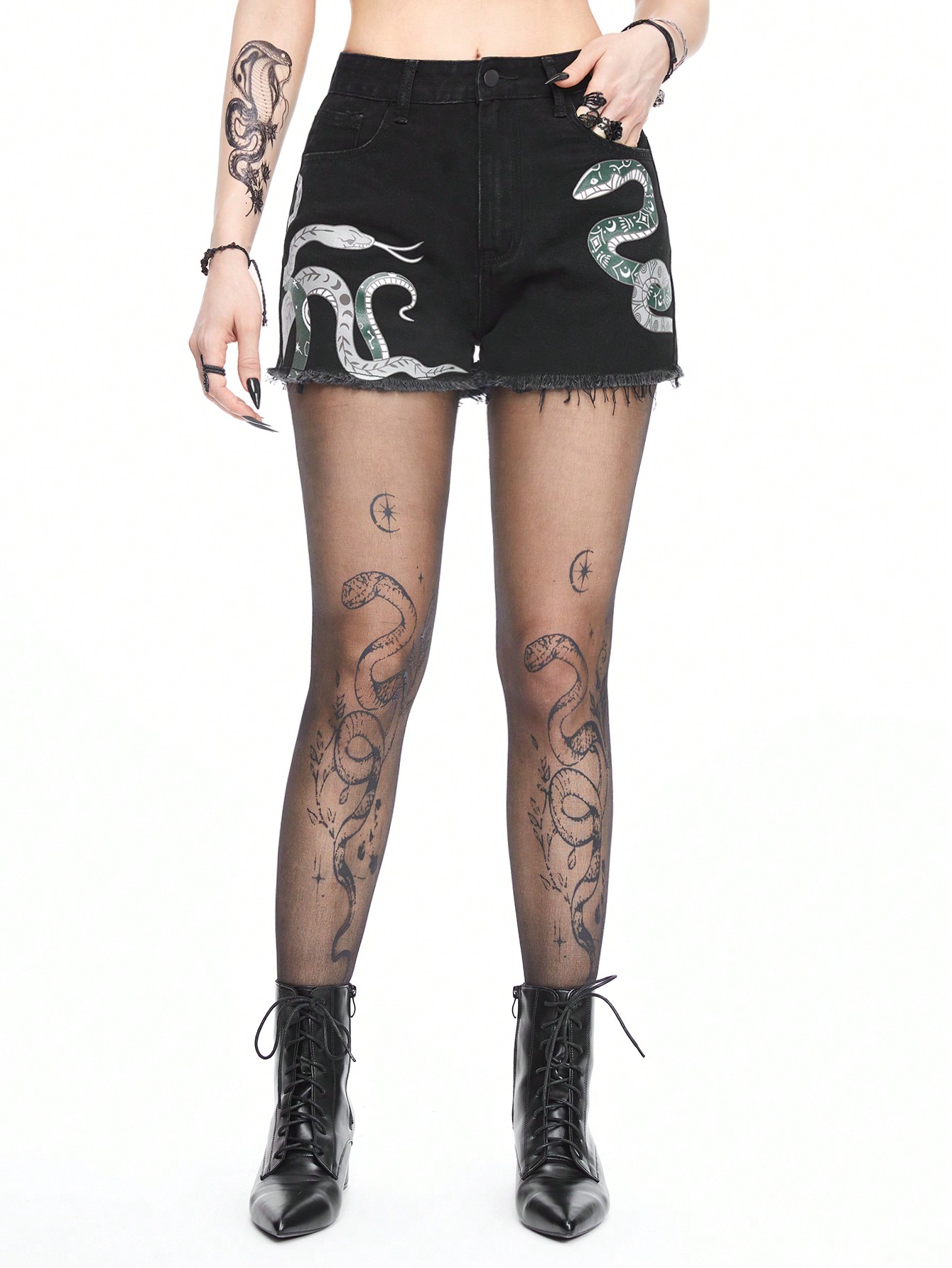 Goth Dark Summer Gothic Green Coiled Snake Printed Denim Shorts For Women, Beach Vacation