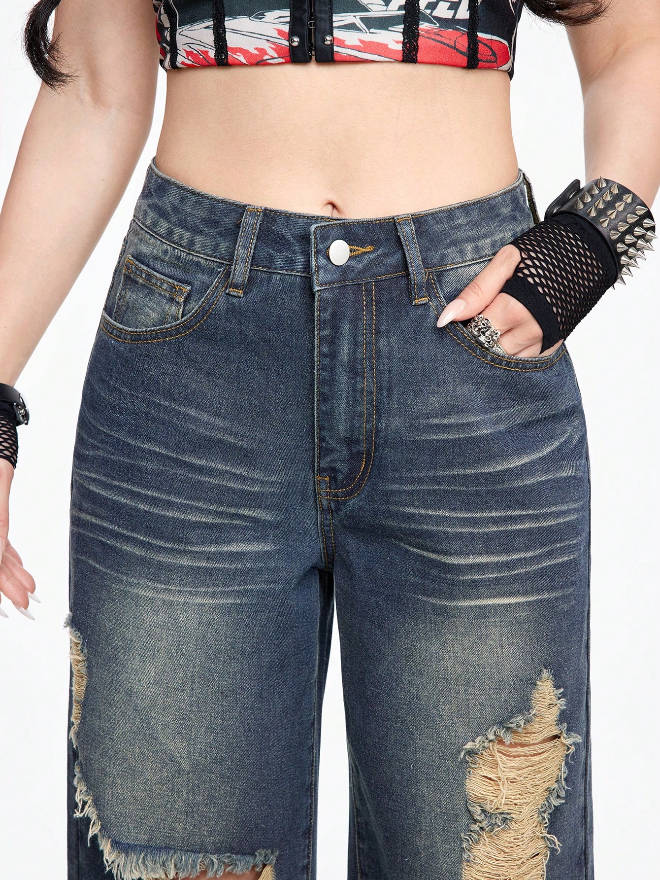 Grunge Punk Women's Grunge Punk Washed Ripped Straight Leg Jeans