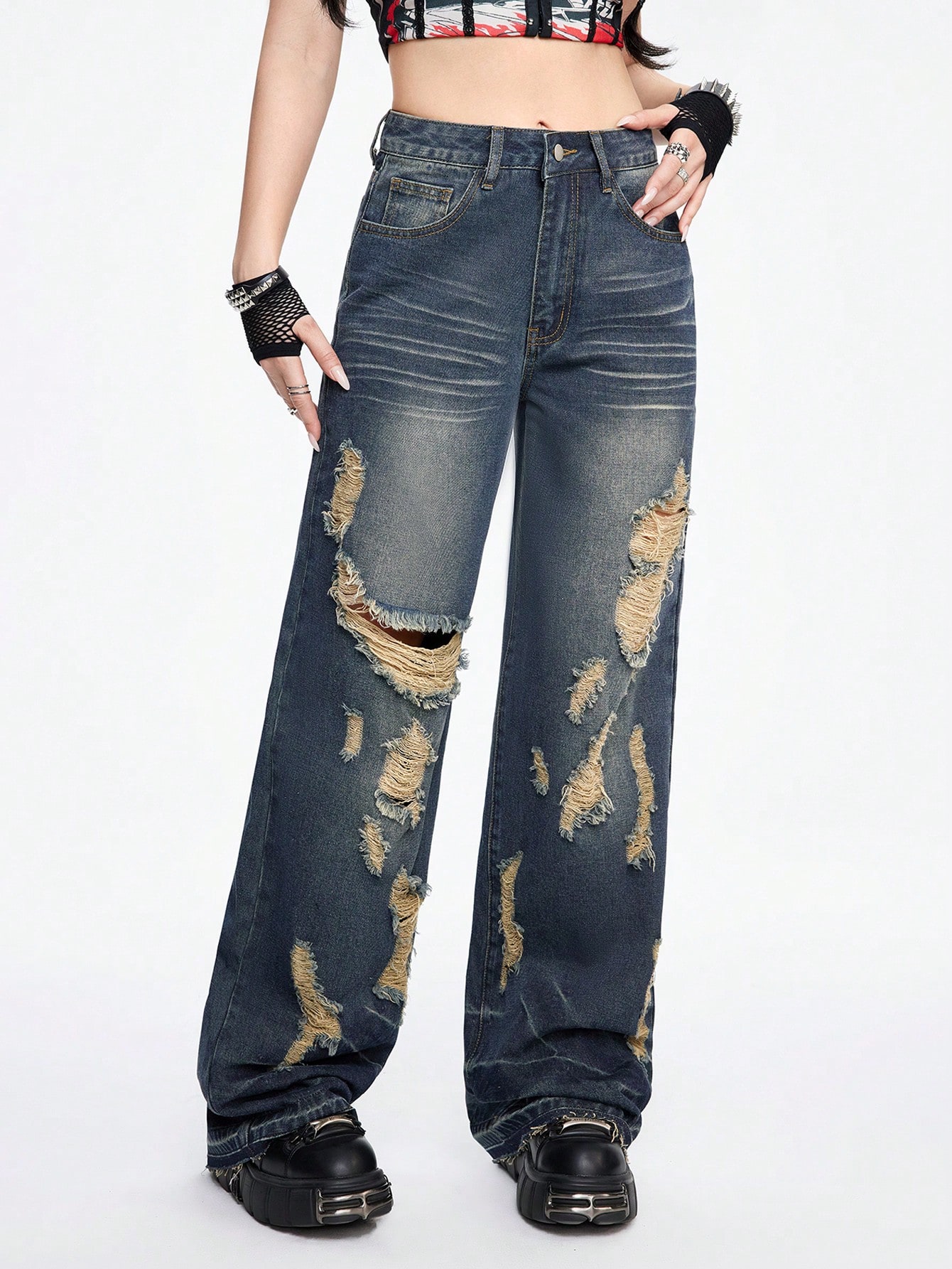 Grunge Punk Women's Grunge Punk Washed Ripped Straight Leg Jeans