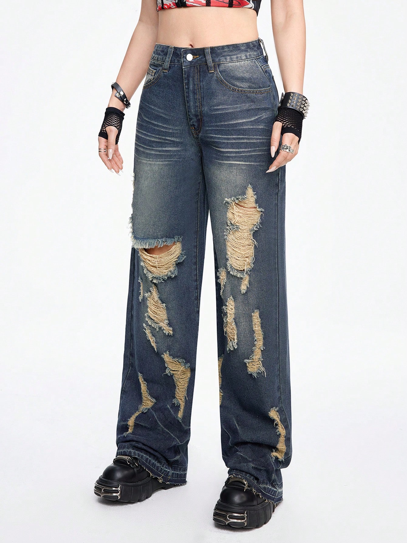 Grunge Punk Women's Grunge Punk Washed Ripped Straight Leg Jeans
