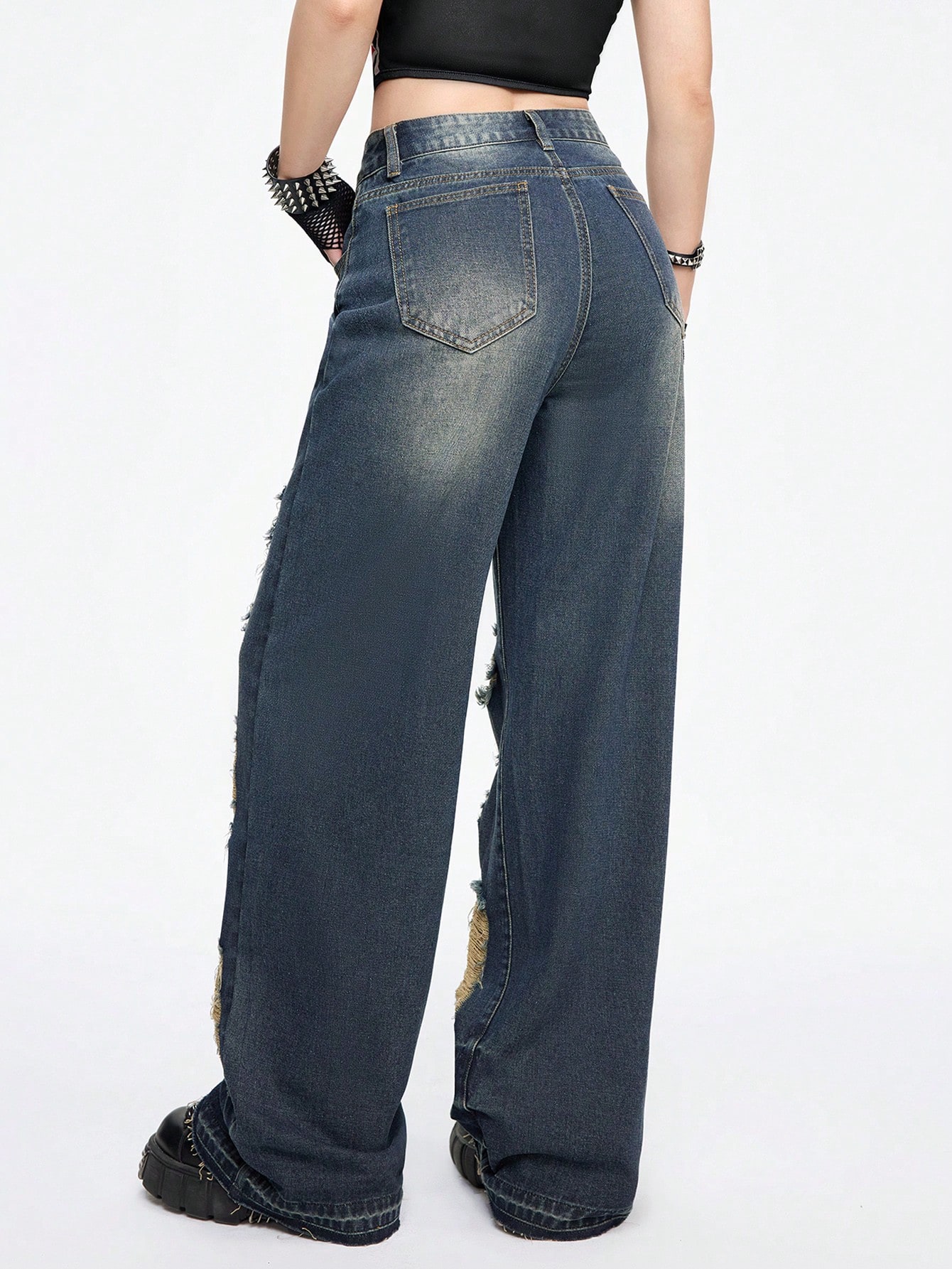 Grunge Punk Women's Grunge Punk Washed Ripped Straight Leg Jeans