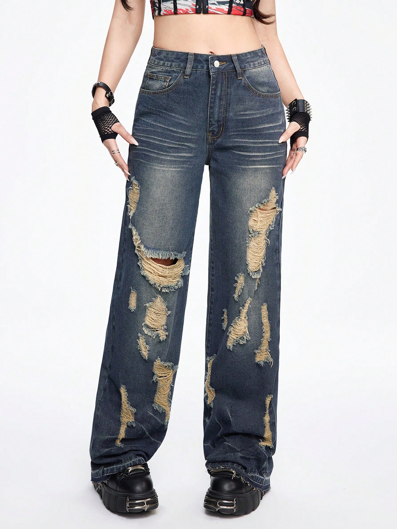 Grunge Punk Women's Grunge Punk Washed Ripped Straight Leg Jeans