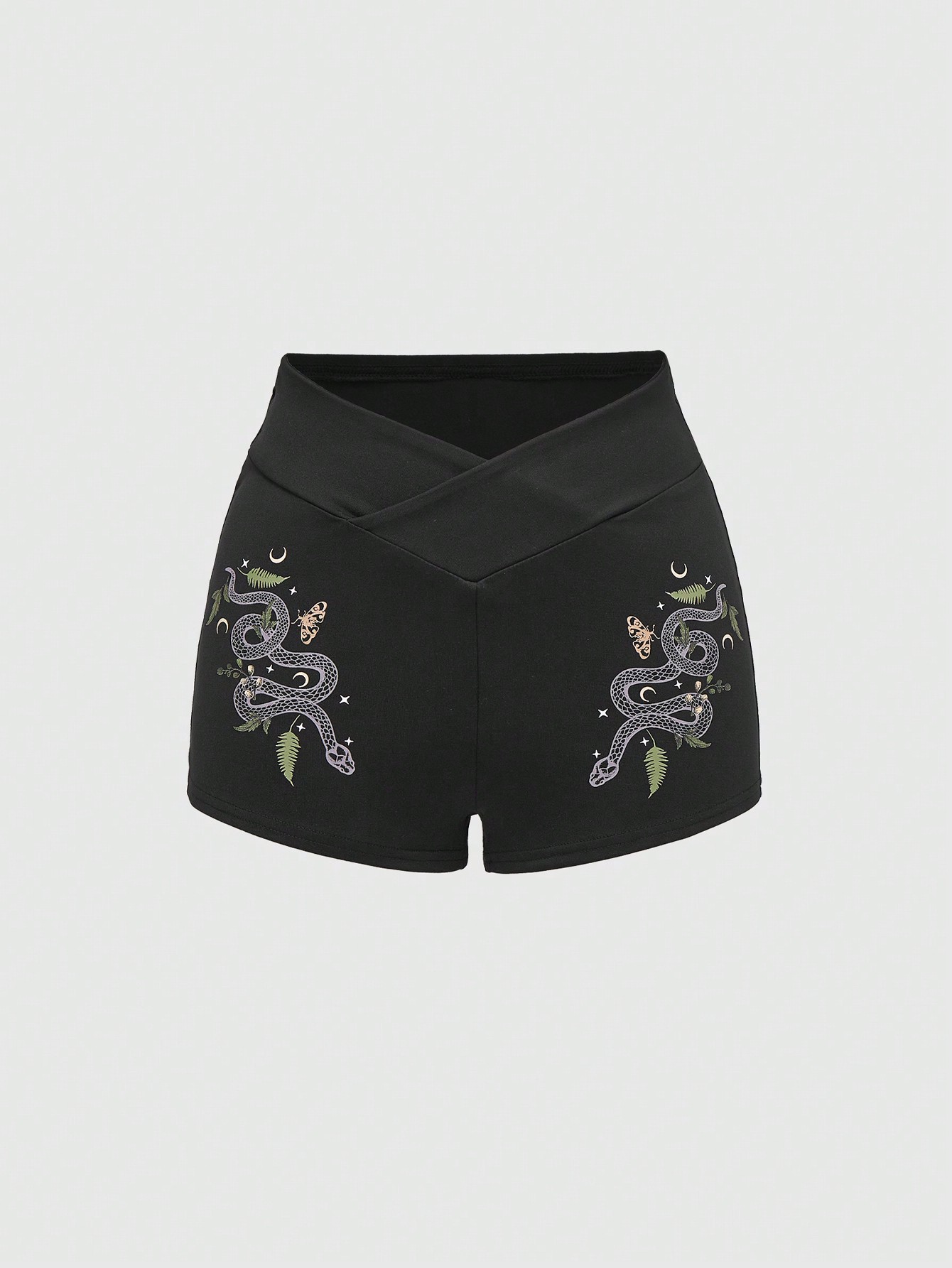 Goth Women's Snake & Floral Pattern V-Waist Ultra Short Leggings, School